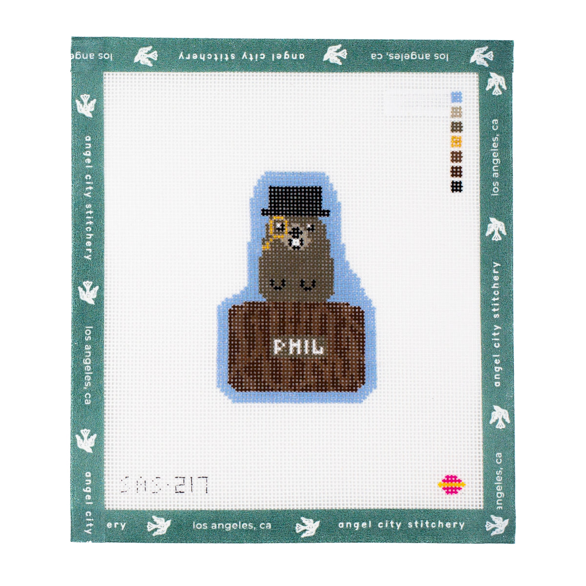 Phil the beaver with top hat and monocle needlepoint canvas by Angel City Stitchery