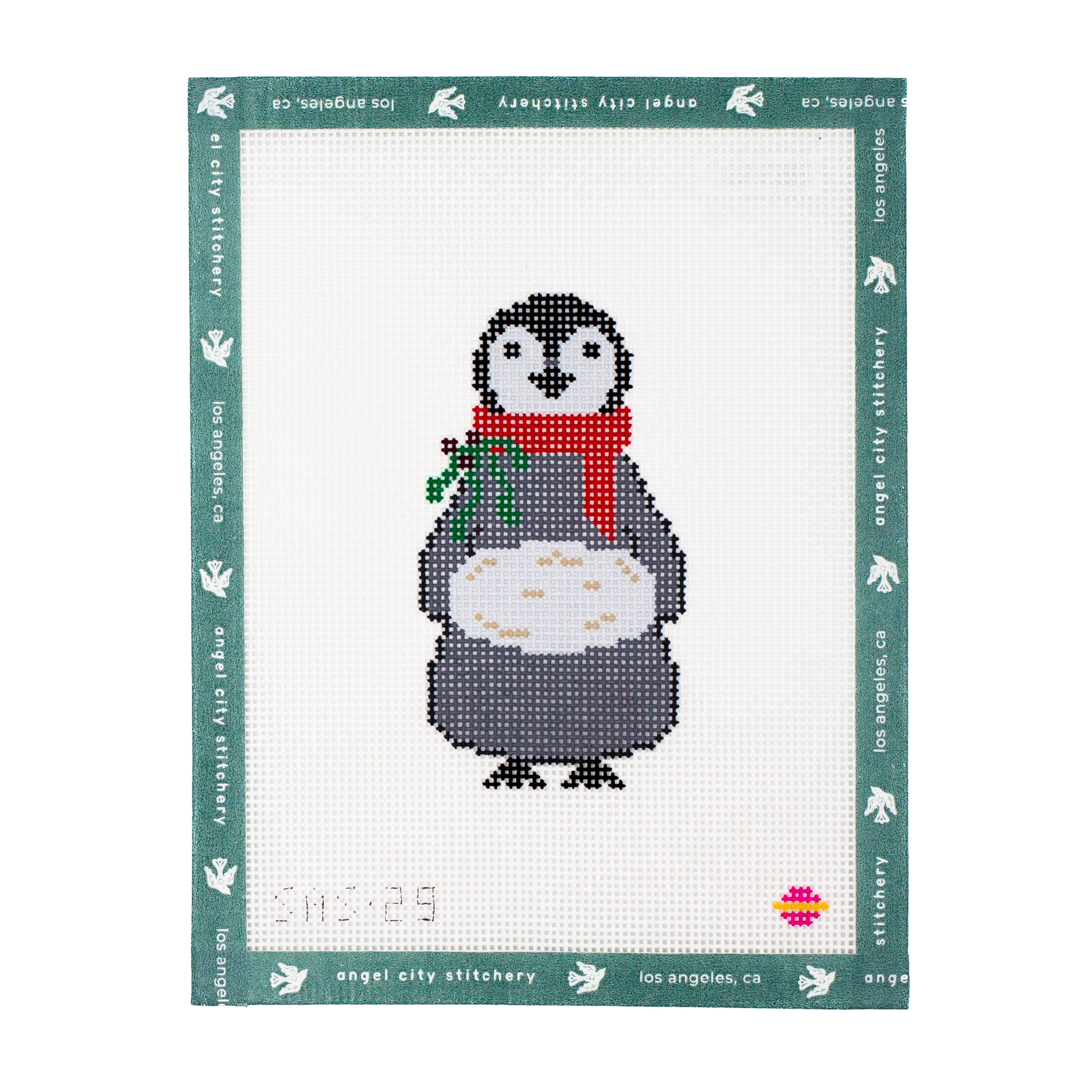 Christmas baby penguin with red scarf and snowball needlepoint canvas by Angel City Stitchery