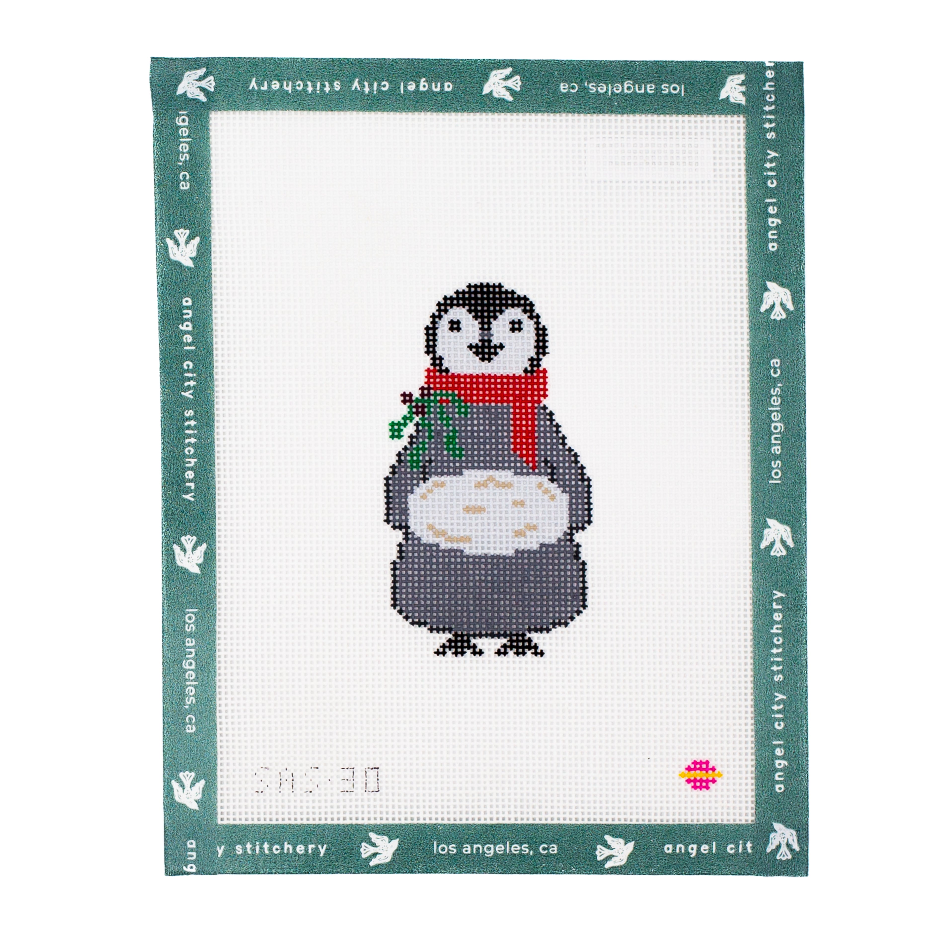 Christmas penguin with red scarf and snowball needlepoint canvas by Angel City Stitchery