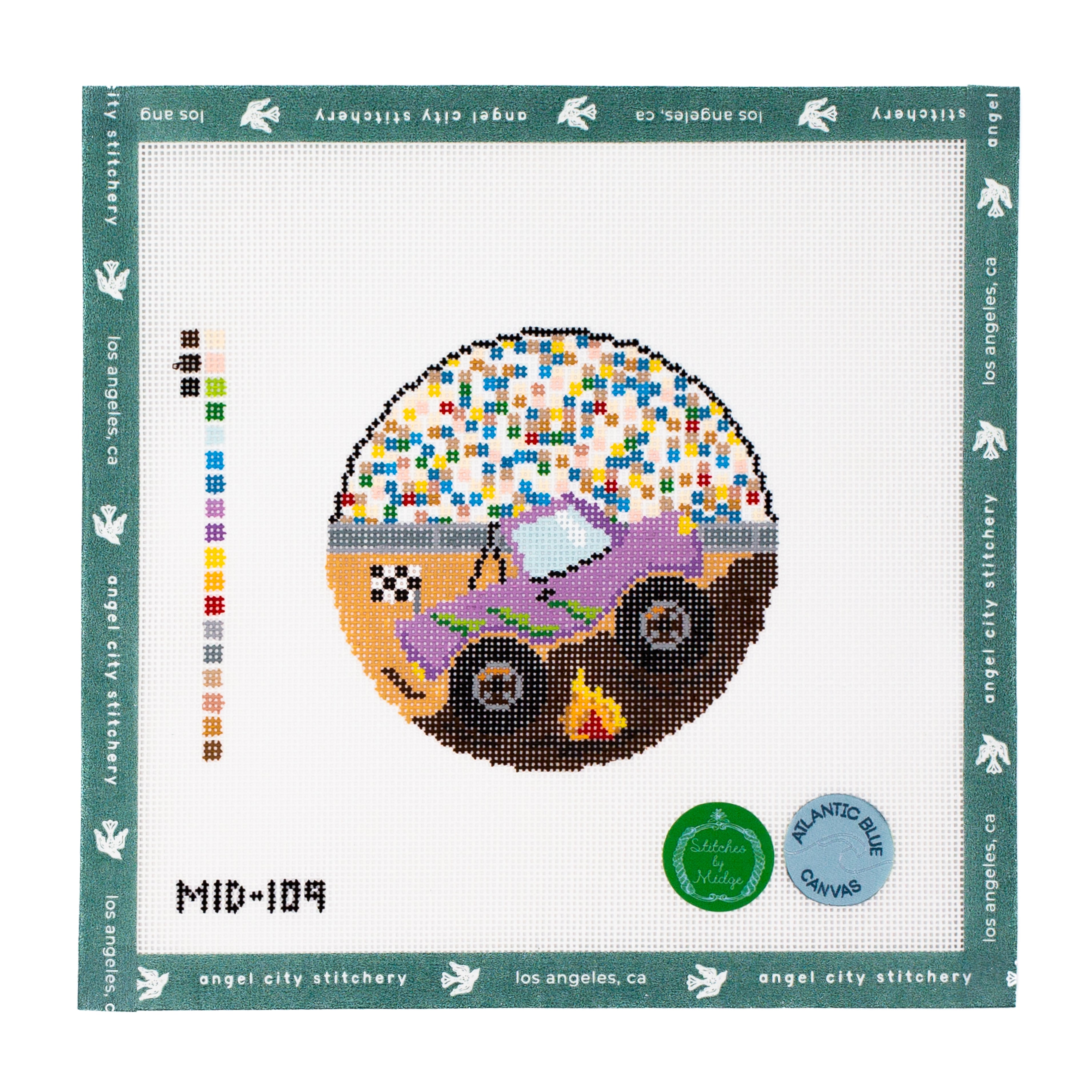 Purple monster truck at a race with a crowd needlepoint canvas by Stitches by Midge / Atlantic Blue Canvas