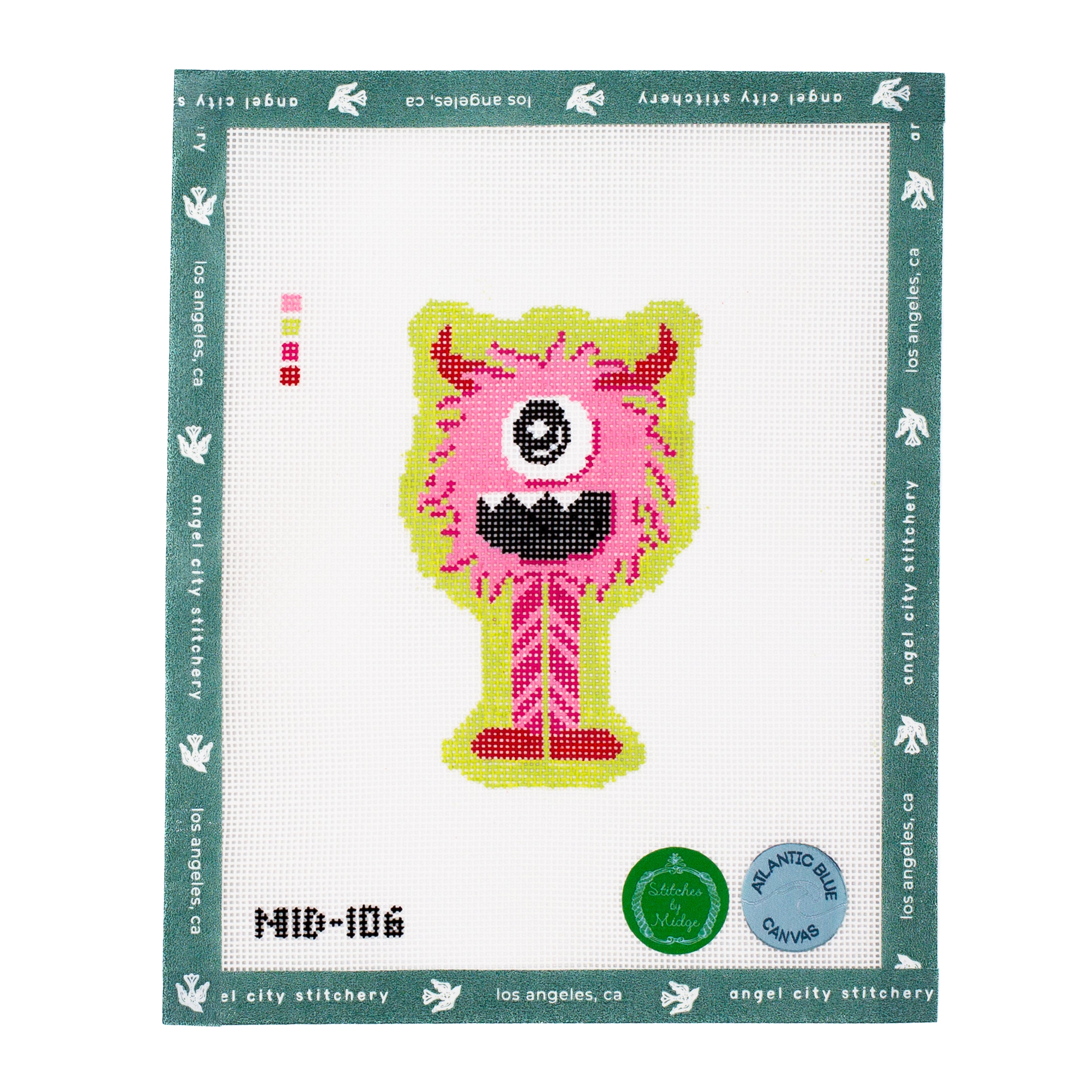 Pink one-eyed monster with horns and striped legs needlepoint canvas by Angel City Stitchery