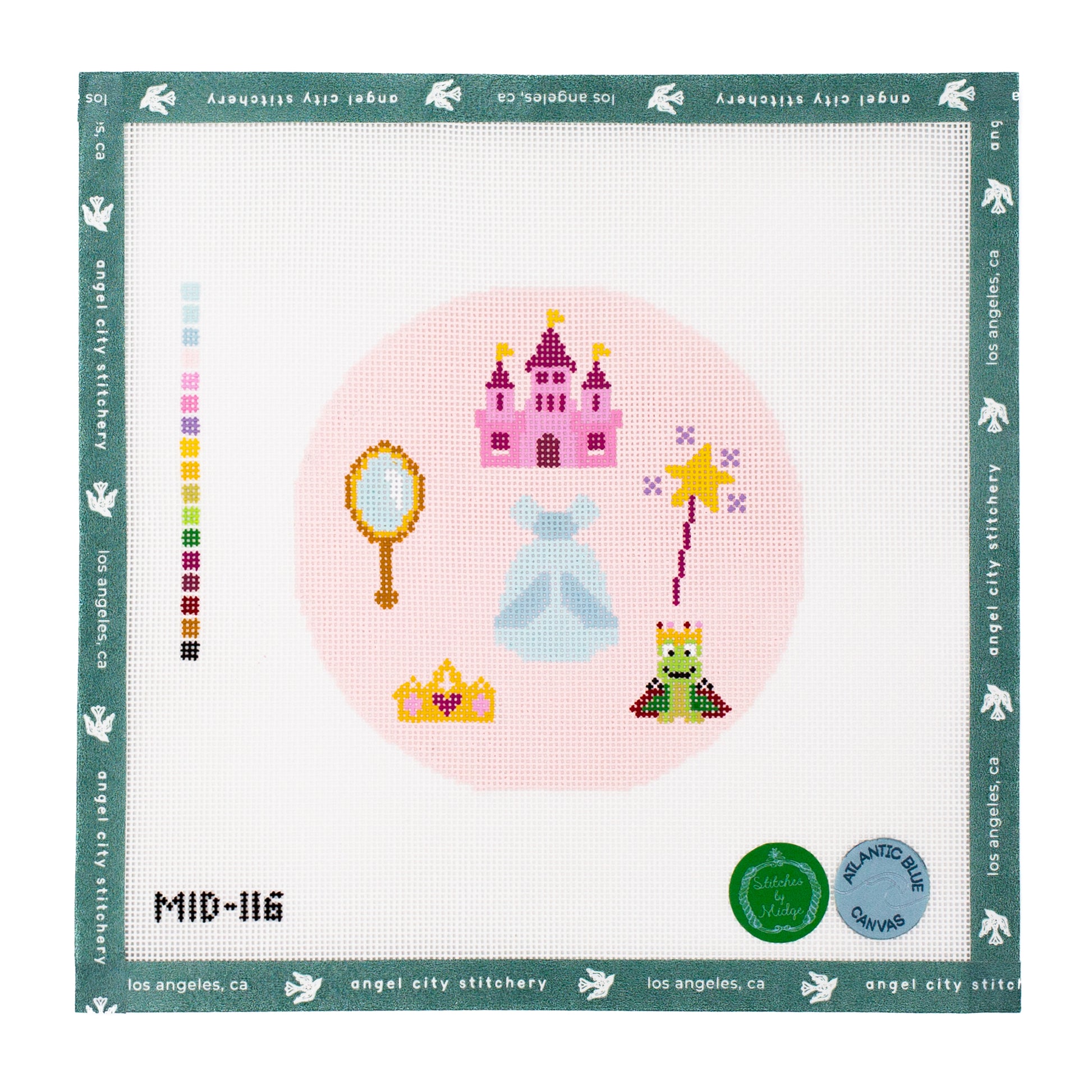 Fairytale theme with castle, magic wand, royal frog, dress, mirror, and crown needlepoint canvas by Angel City Stitchery