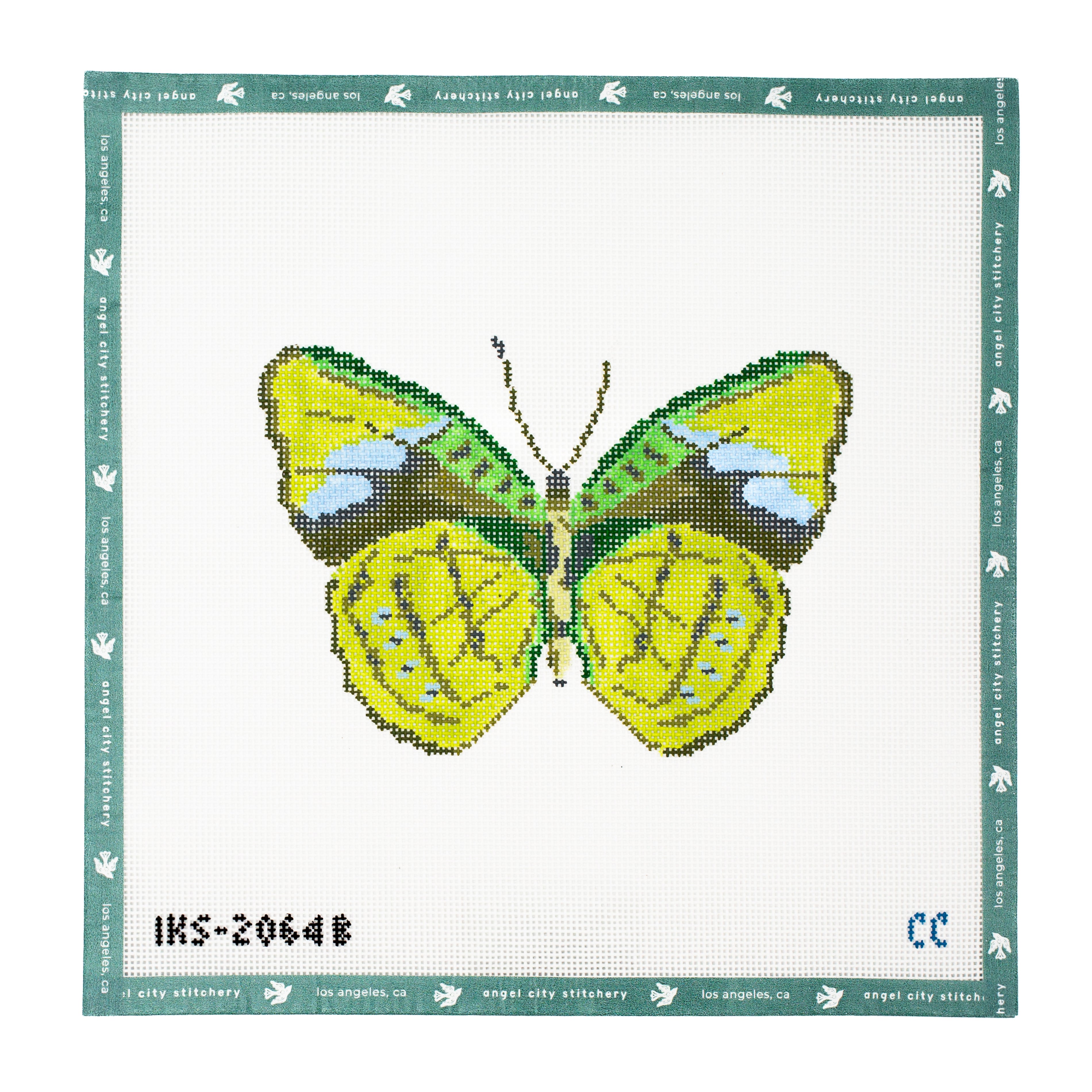 Yellow and green butterfly needlepoint canvas featuring patterned wings with blue and dark brown accents, a textured body, and antennae on a white background