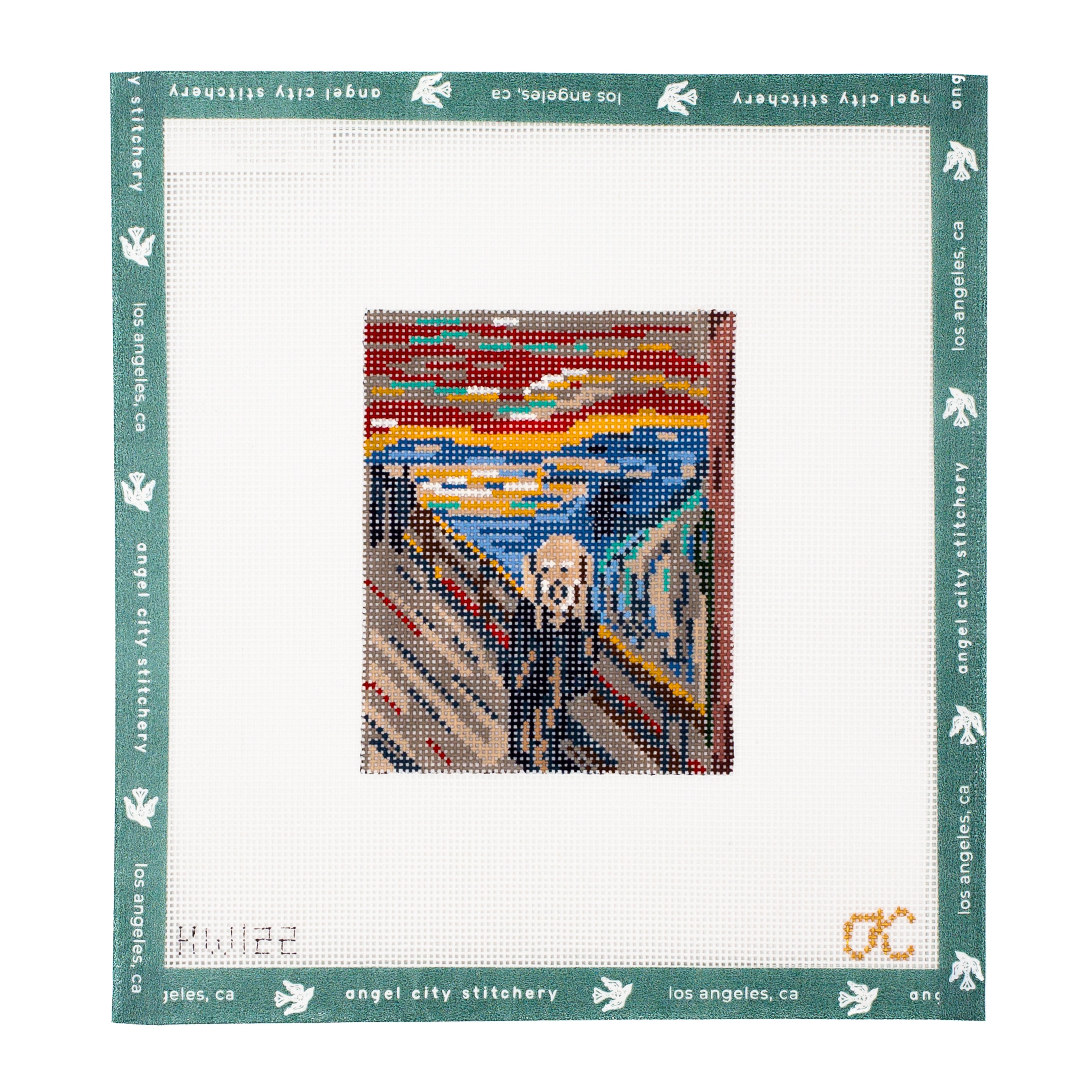 A completed needlepoint canvas featuring Edvard Munch's 'The Scream' stitched in the center, surrounded by a white mesh border with a green 'Angel City Stitchery' brand frame.