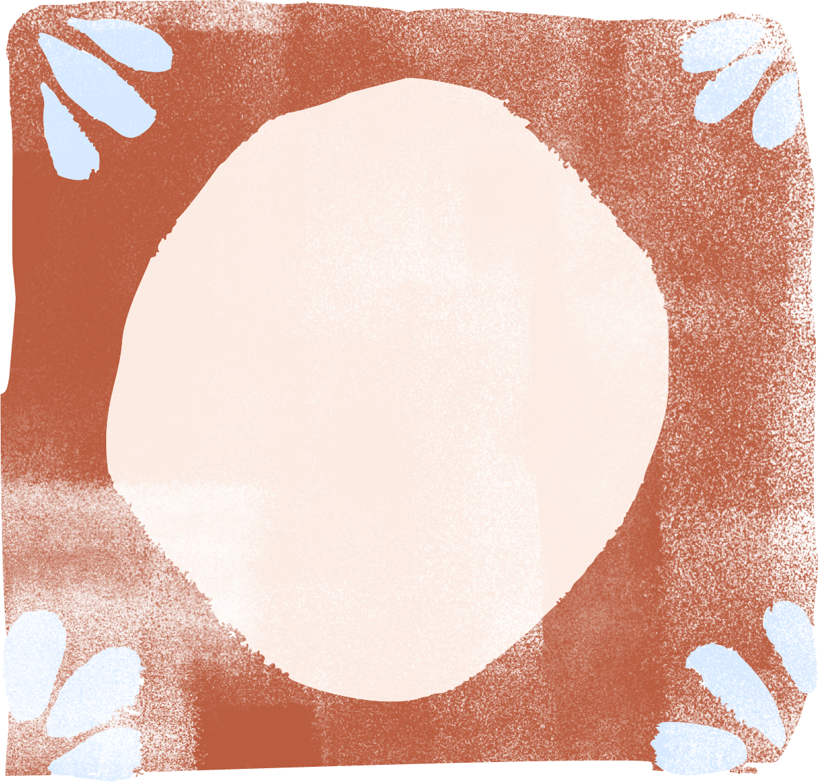 Beige circle frame on a brown background with light blue  pedals in each corner. 