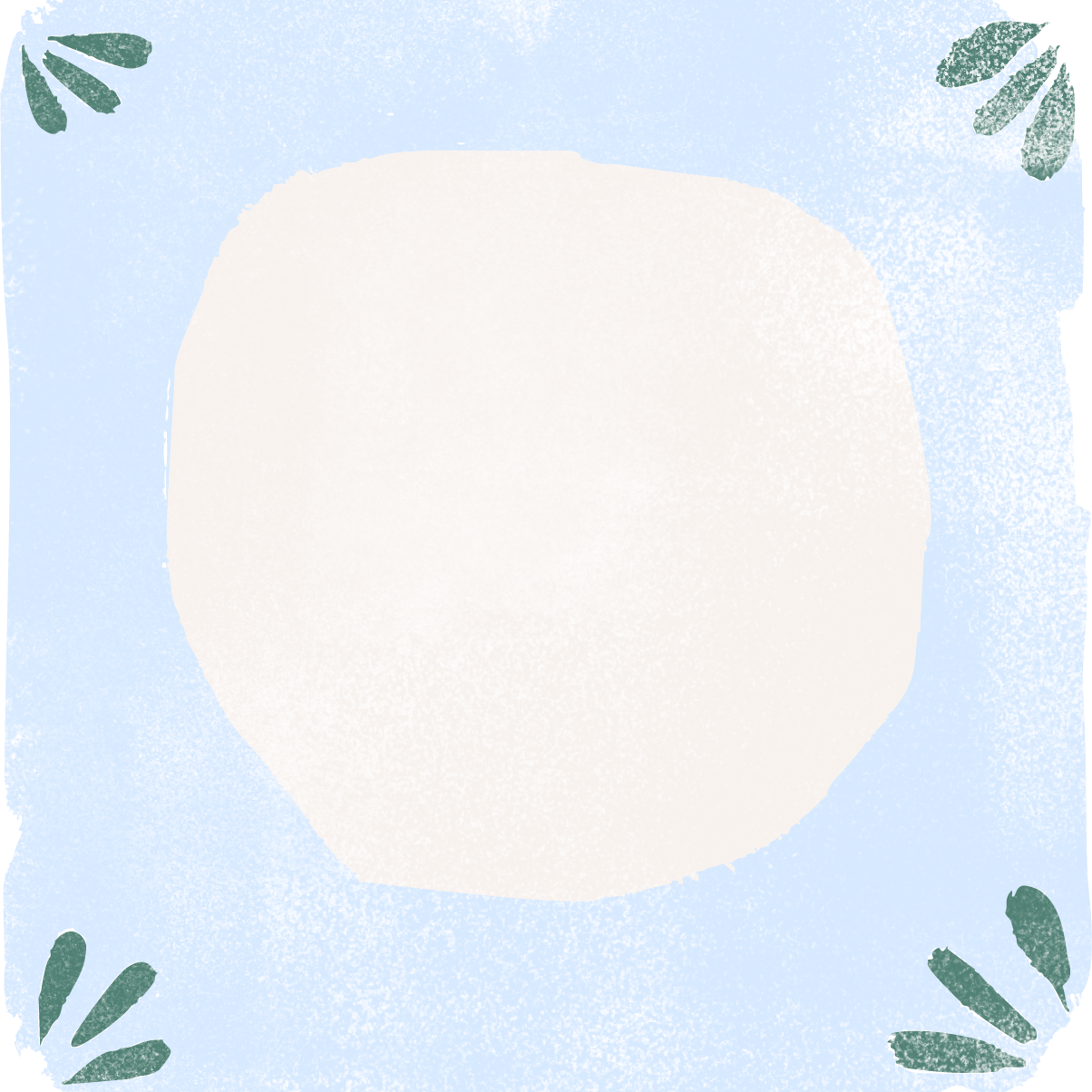 Round white object on a light blue background with green leaf-like shapes