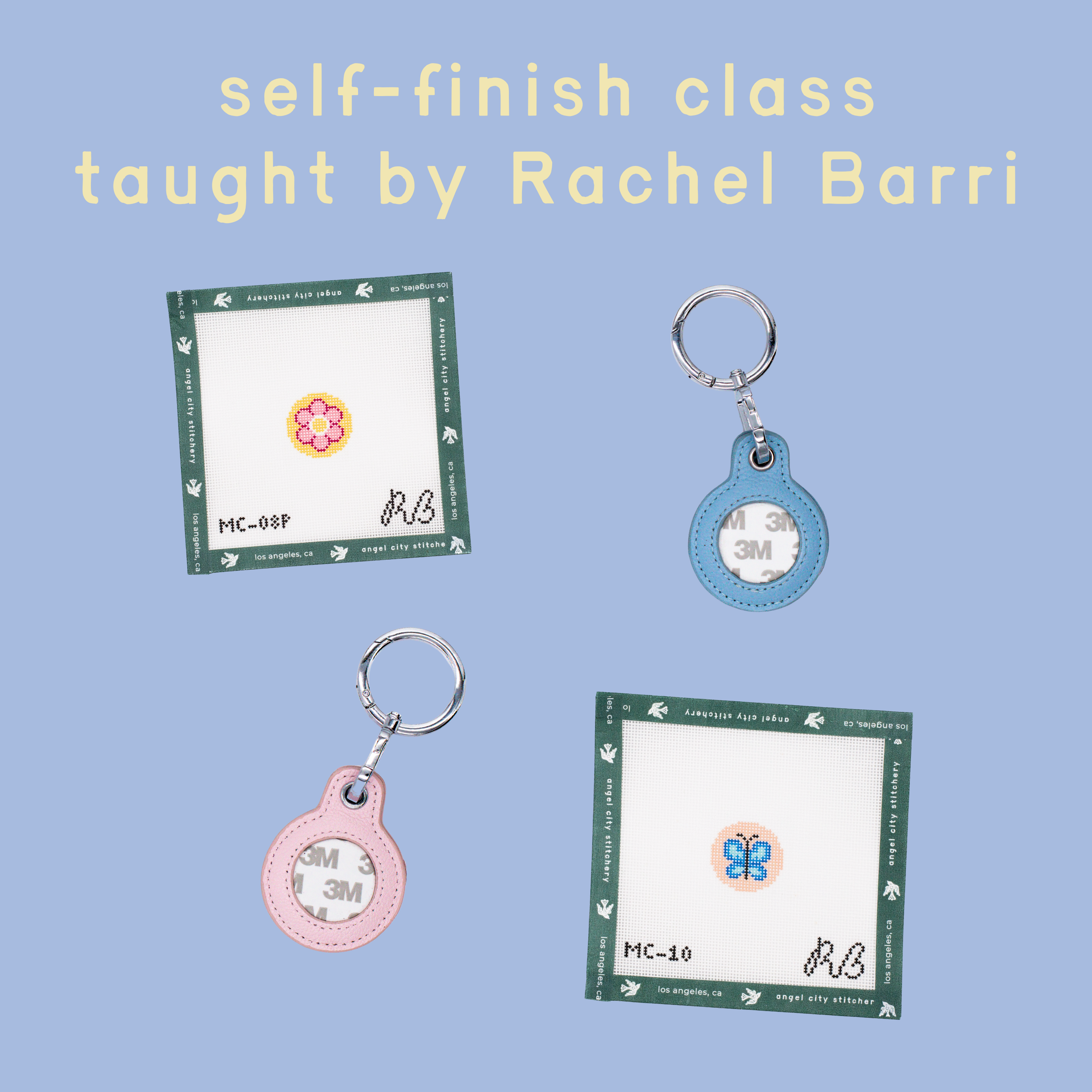 Promo for a class showing keychain with 3M and one floral and one butterfly needlepoint canvas