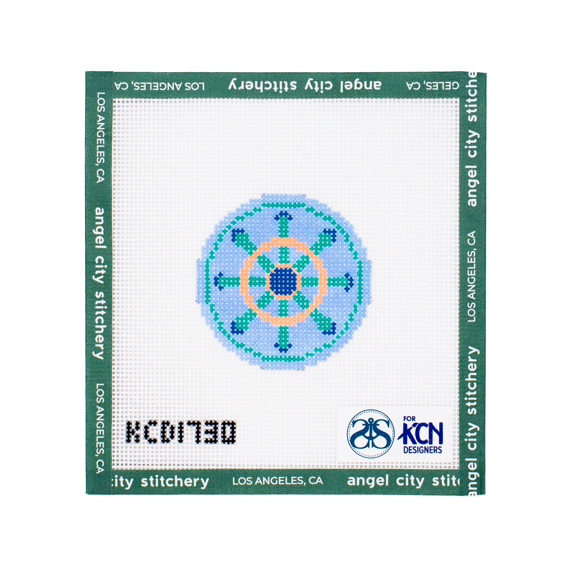 Green and Peach Wheel on Blue