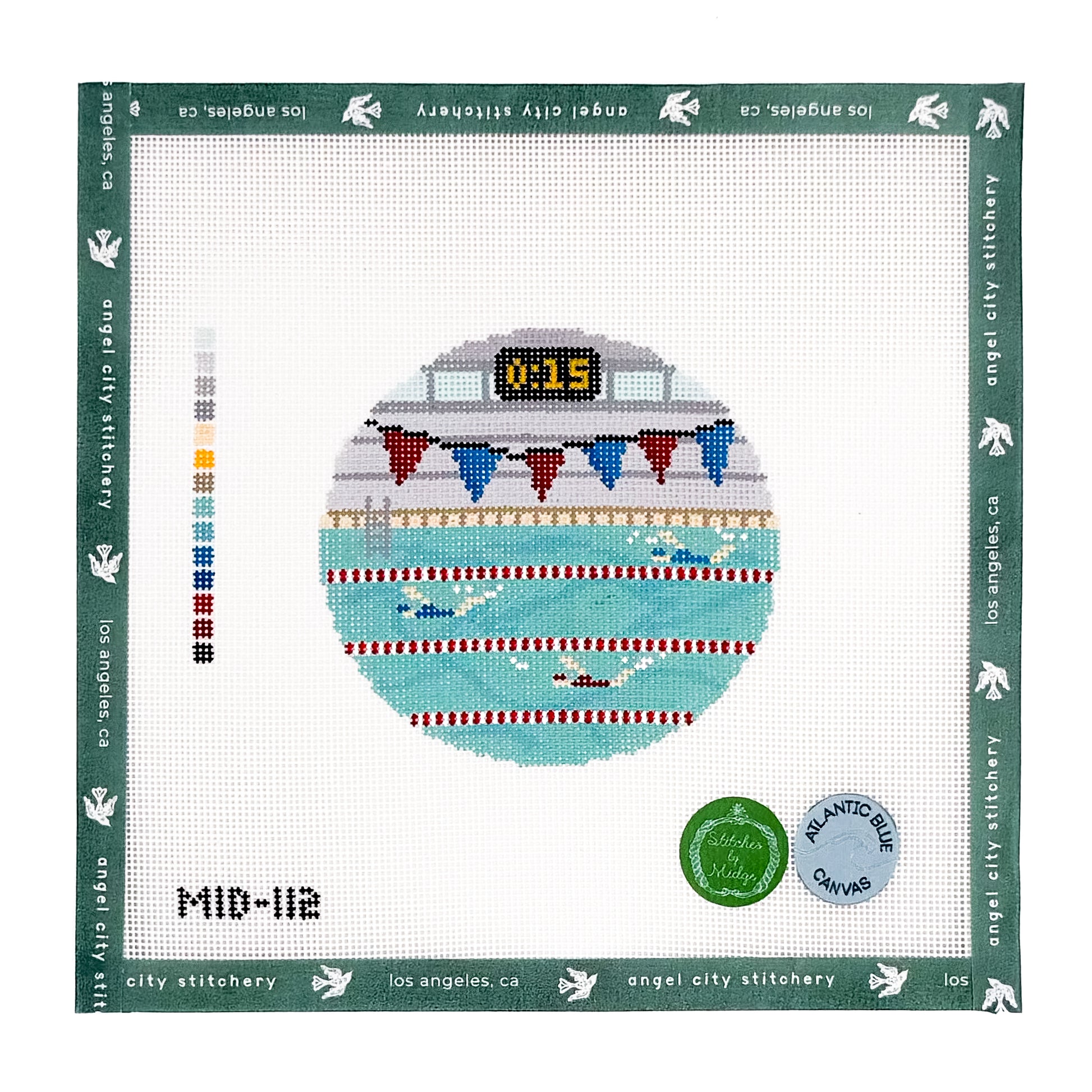 Circular swimming pool needlepoint canvas featuring lane markers, swimmers, a scoreboard reading 0:15, and festive bunting flags hanging above