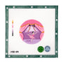 Circular needlepoint canvas featuring a ballerina dancing on a stage framed by pink stage curtains