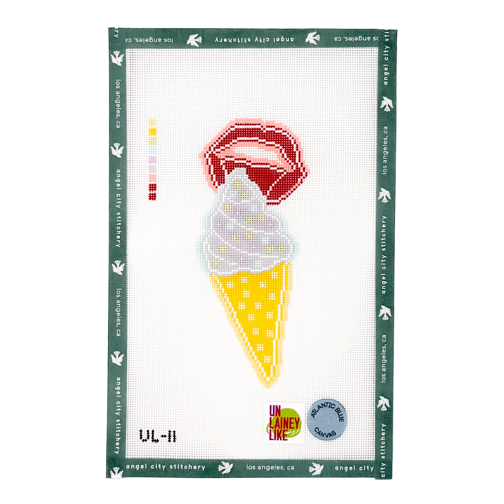 Soft serve ice cream cone needlepoint canvas topped with a pair of red lips