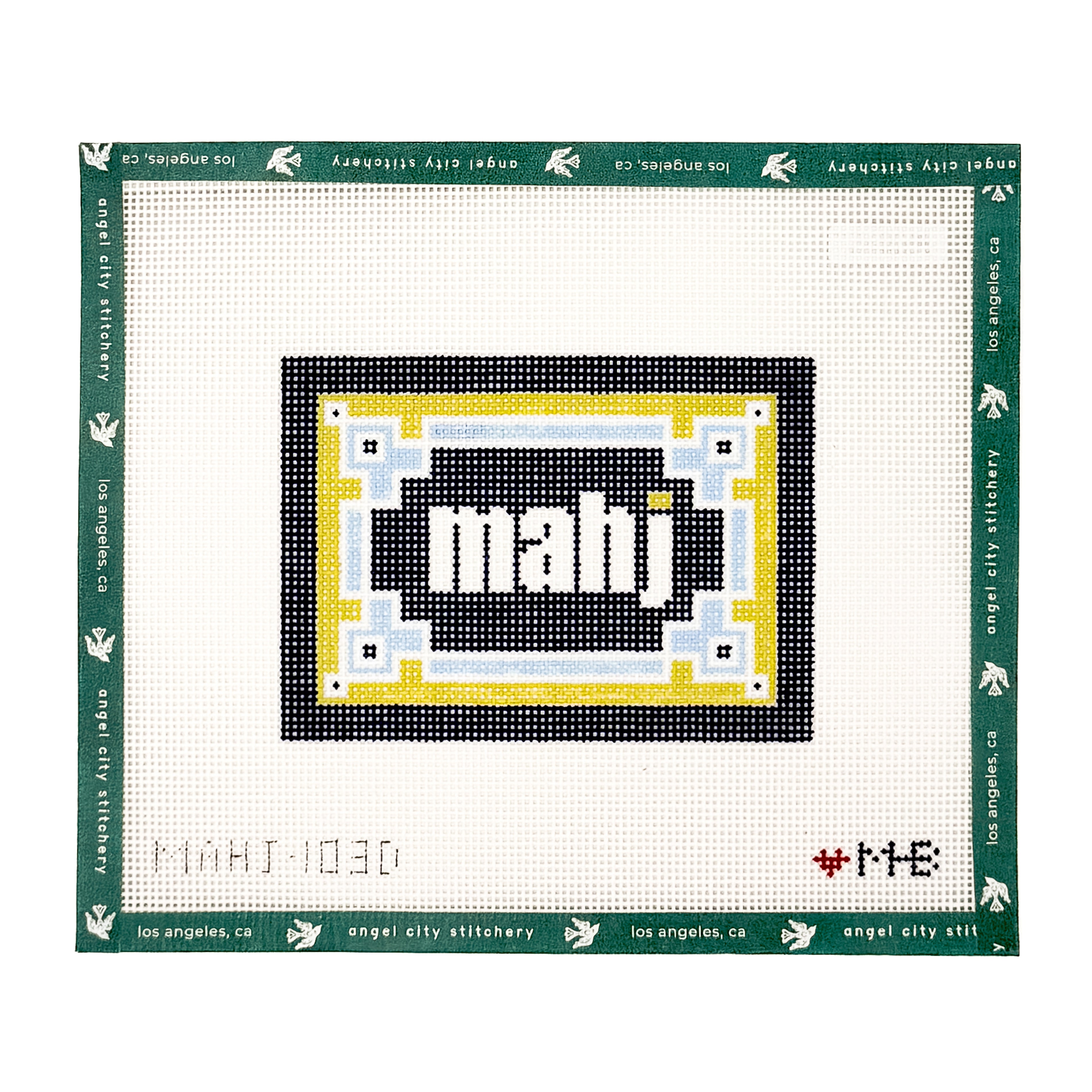Mahj text with a decorative border needlepoint canvas by Angel City Stitchery