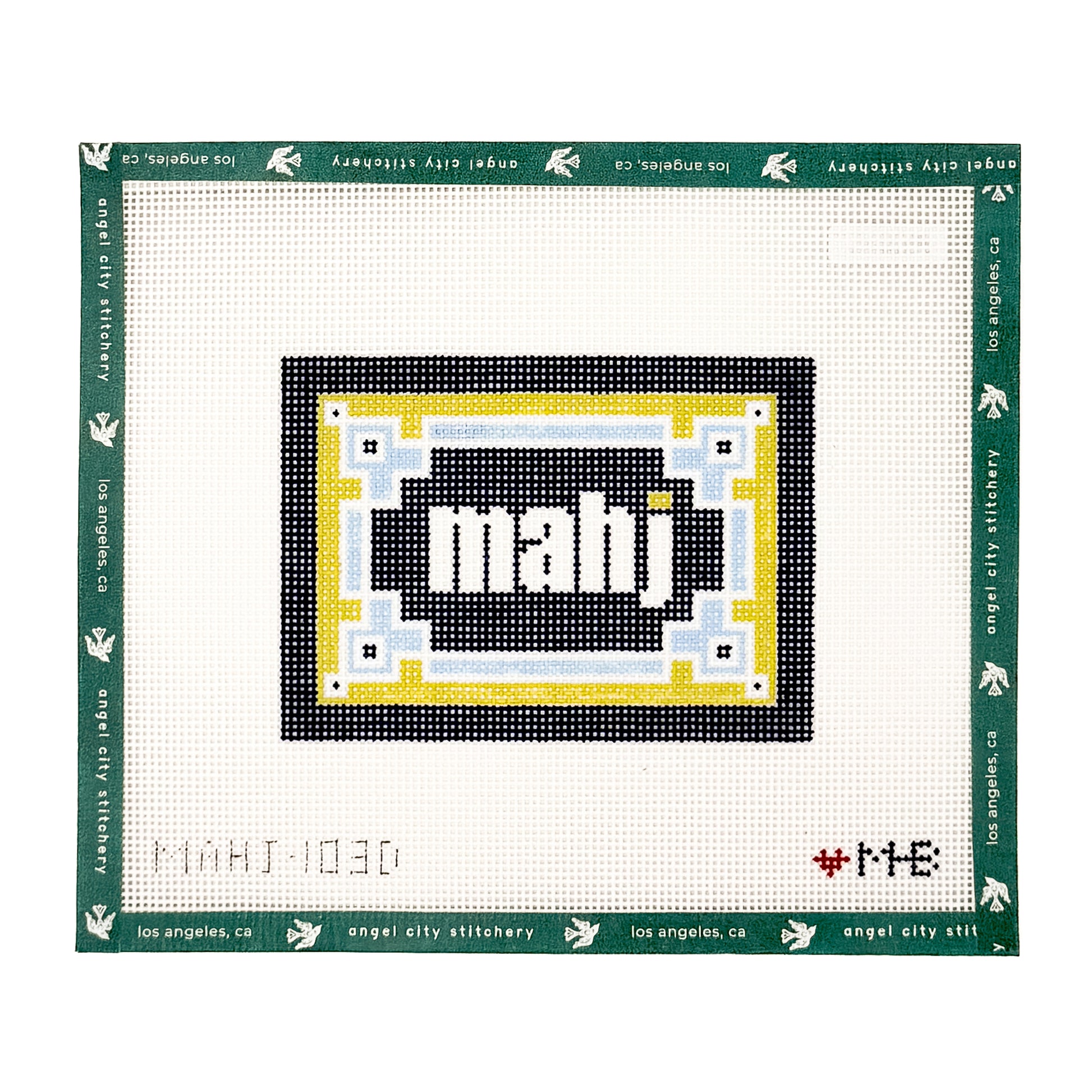 Mahj text with a decorative border needlepoint canvas by Angel City Stitchery