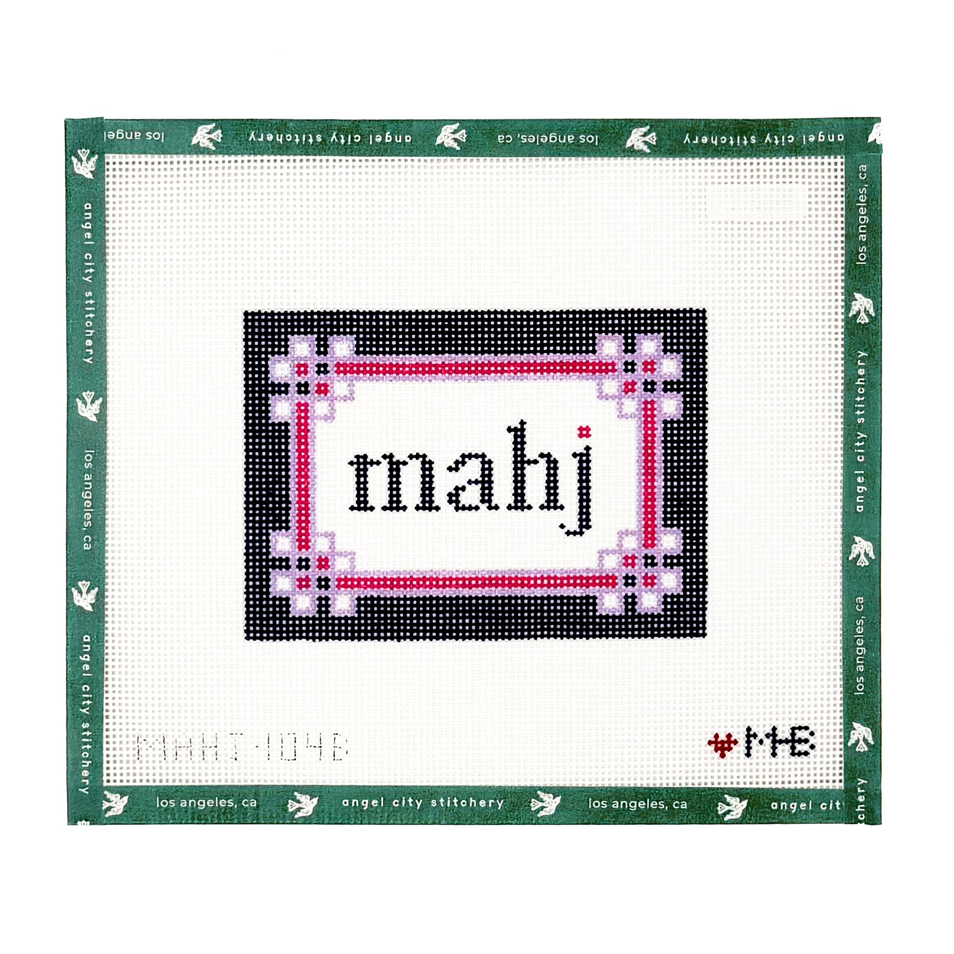 Mahj text with a decorative border needlepoint canvas by Angel City Stitchery