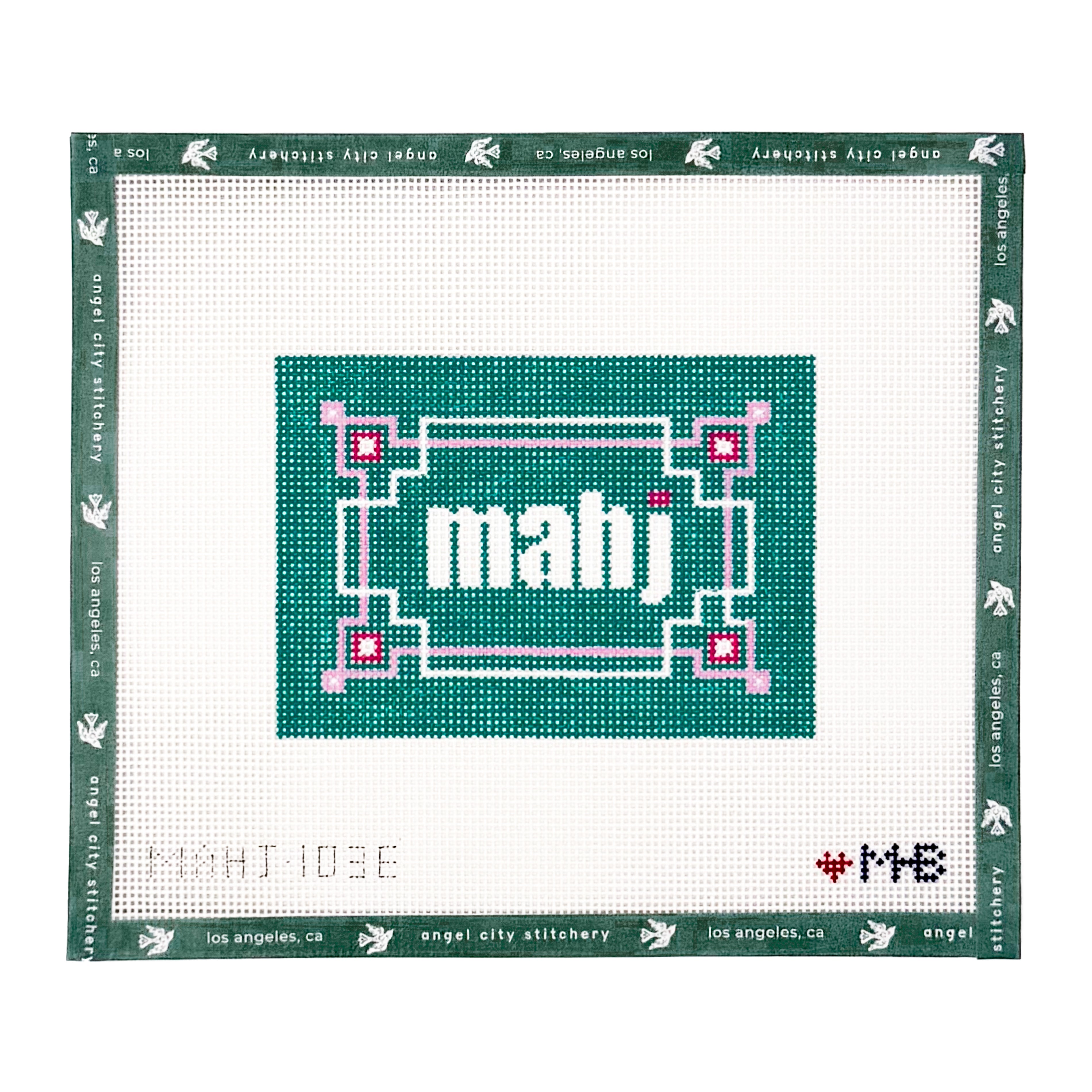 Mahj text with a decorative border needlepoint canvas by Angel City Stitchery