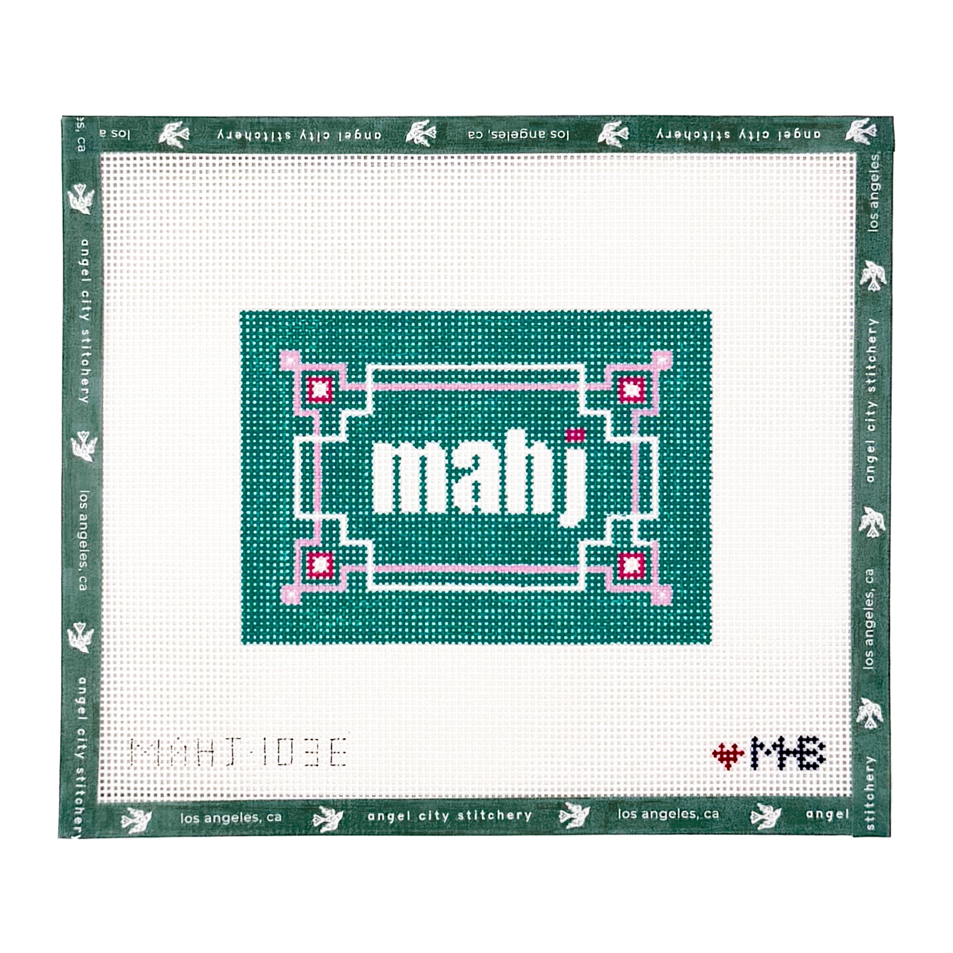 Mahj text with a decorative border needlepoint canvas by Angel City Stitchery