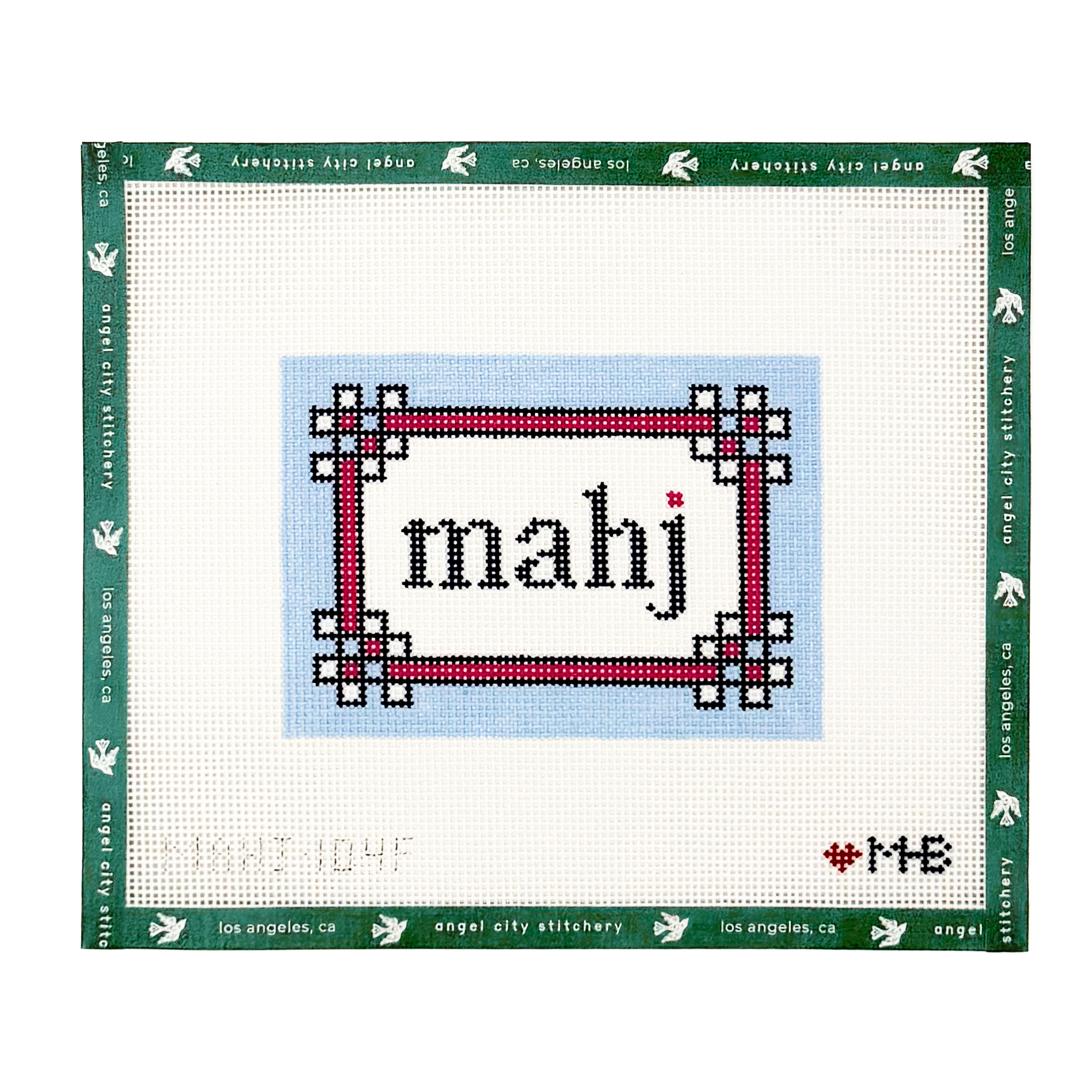 Mahj text with a decorative border needlepoint canvas by Angel City Stitchery