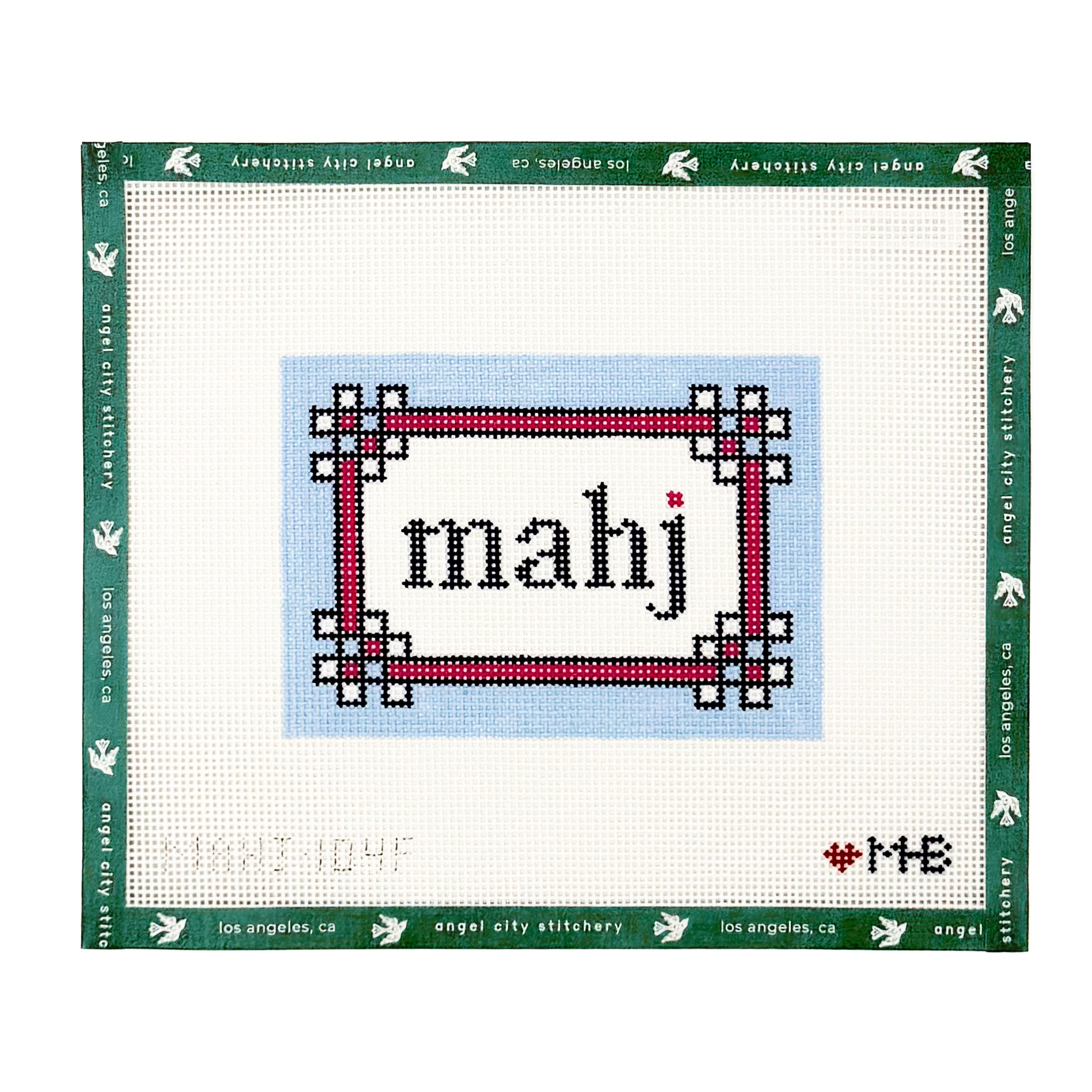 Mahj text with a decorative border needlepoint canvas by Angel City Stitchery
