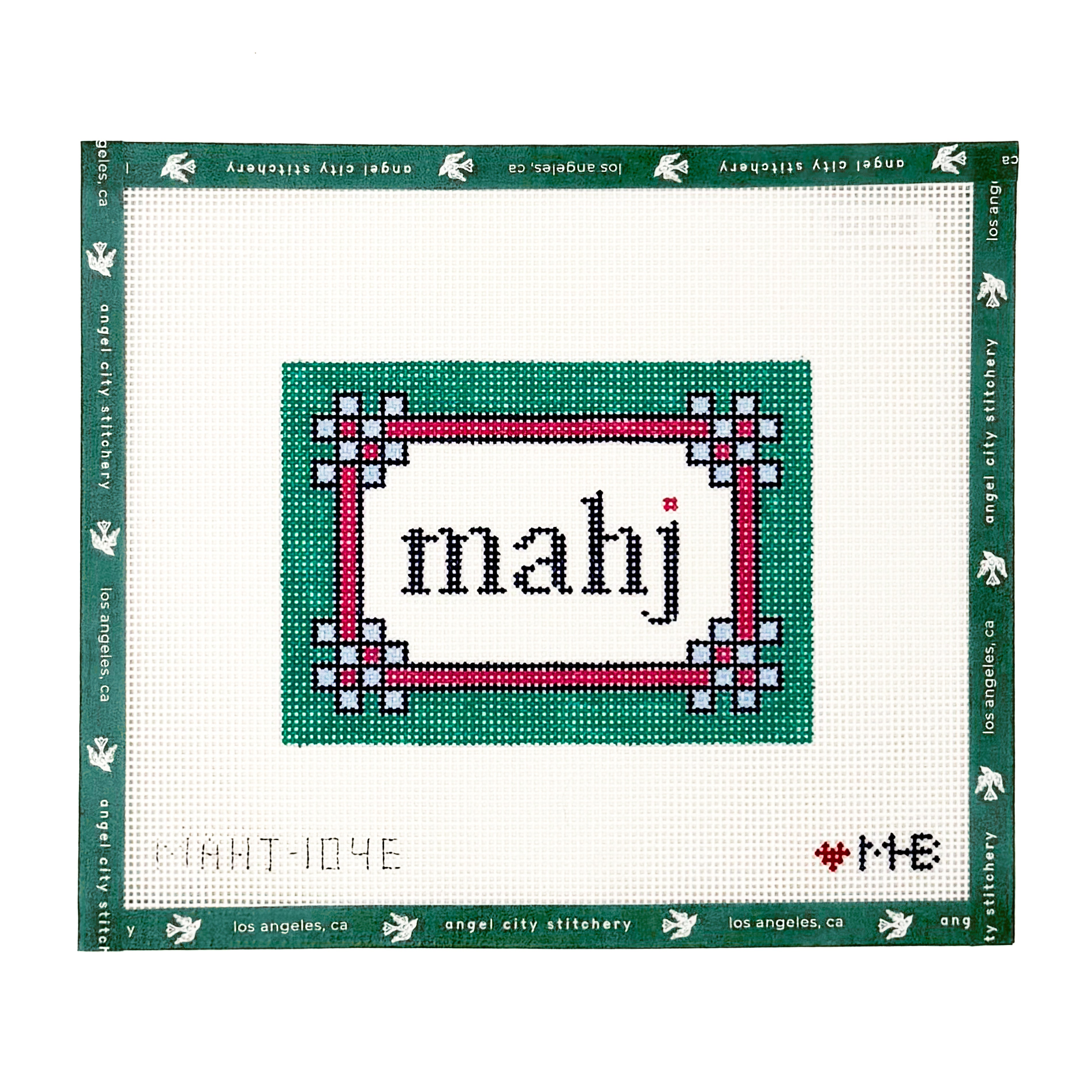 Mahj text with a decorative border needlepoint canvas by Angel City Stitchery
