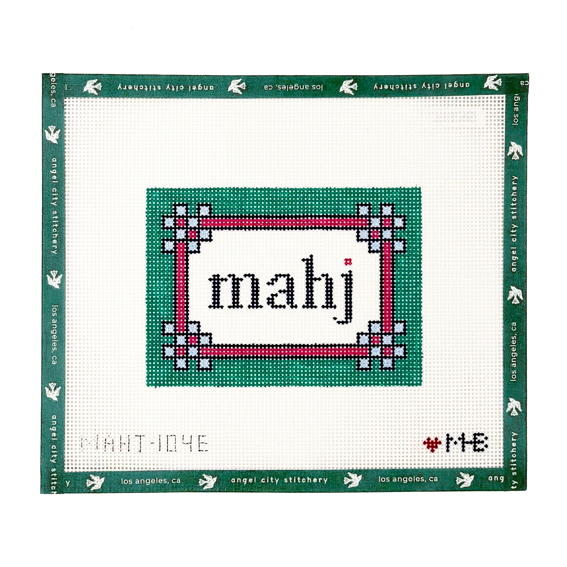 Mahj text with a decorative border needlepoint canvas by Angel City Stitchery