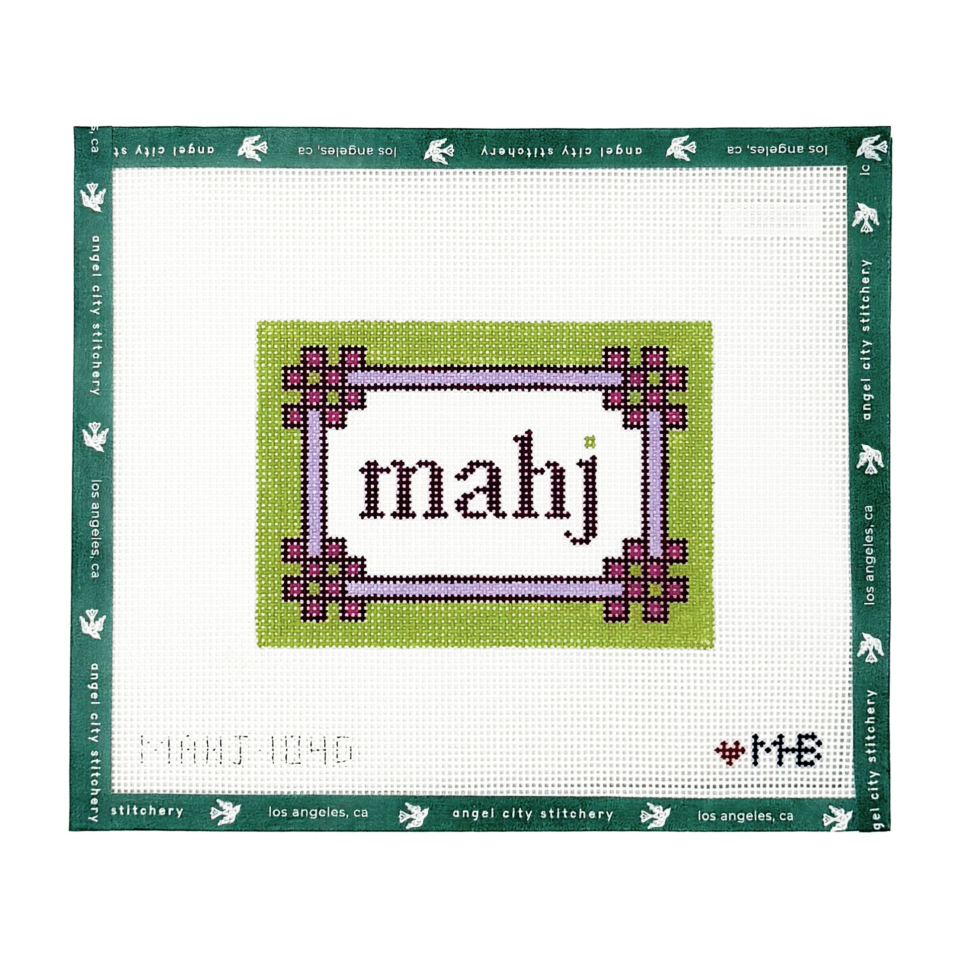 Mahj text with a decorative border needlepoint canvas by Angel City Stitchery