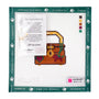 A completed cross-stitch design from the Love Lock Series by August Design Works, featuring a brown and gold treasure chest with colorful floral details, displayed on a white stitched canvas with a dark green branded border.