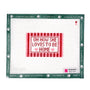 A square counted-stitch canvas featuring the phrase 'OH HOW SHE LOVES TO BE HOME' in red and pink stitched letters on a white grid background, surrounded by a green border printed with 'angel city stitchery' and 'August'.
