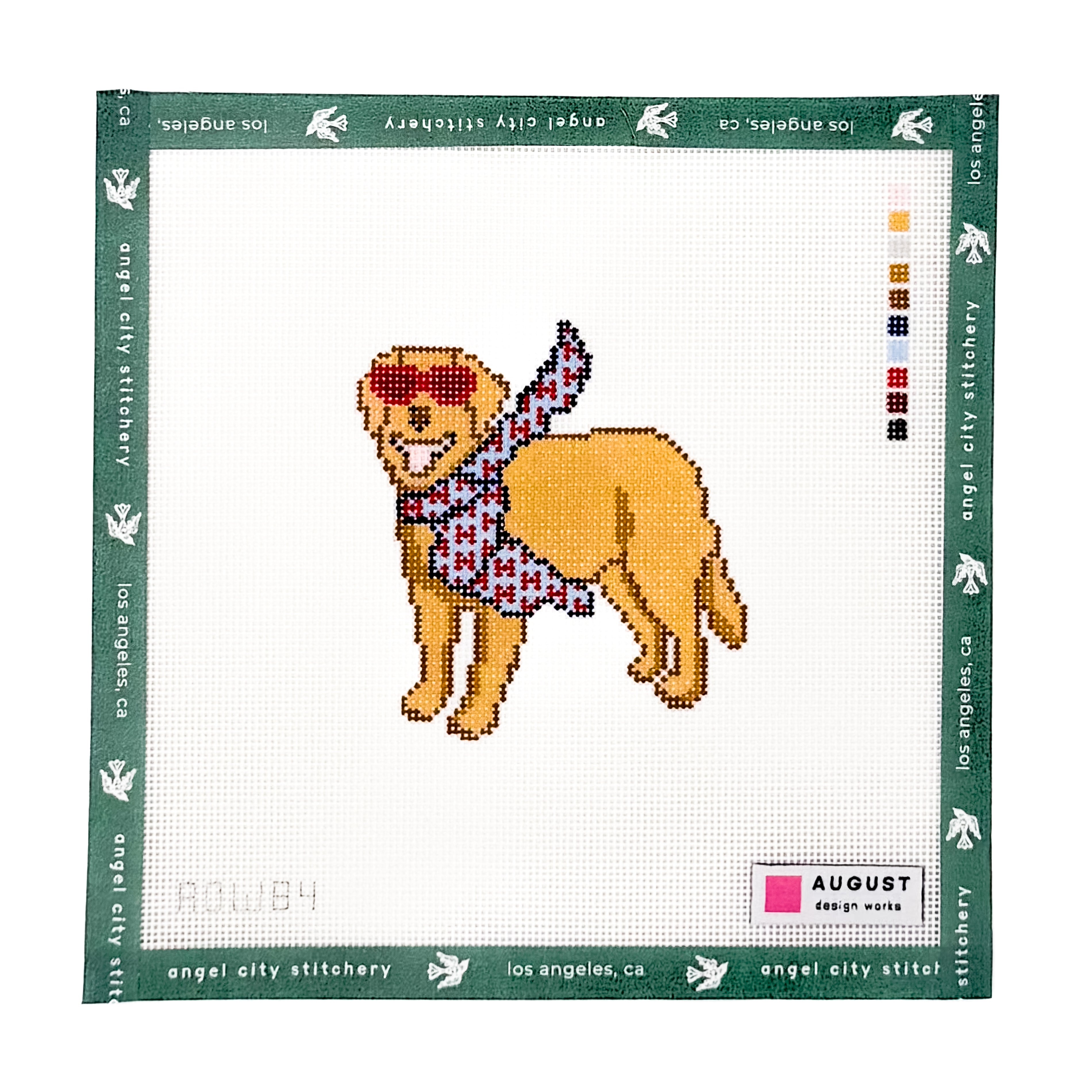 Golden retriever wearing red sunglasses and a light blue patterned scarf needlepoint canvas