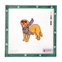 Golden retriever wearing red sunglasses and a light blue patterned scarf needlepoint canvas