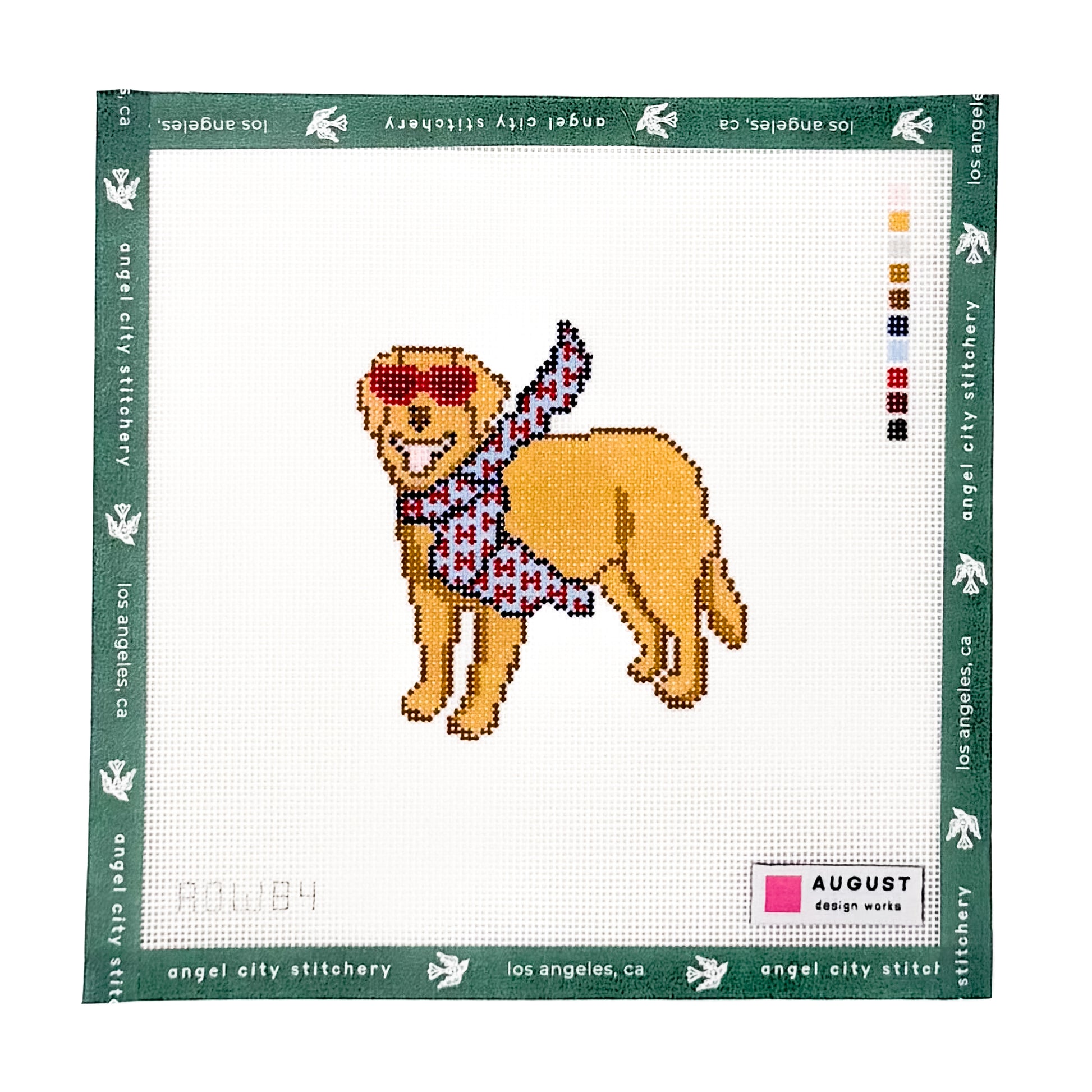 Golden retriever wearing red sunglasses and a light blue patterned scarf needlepoint canvas
