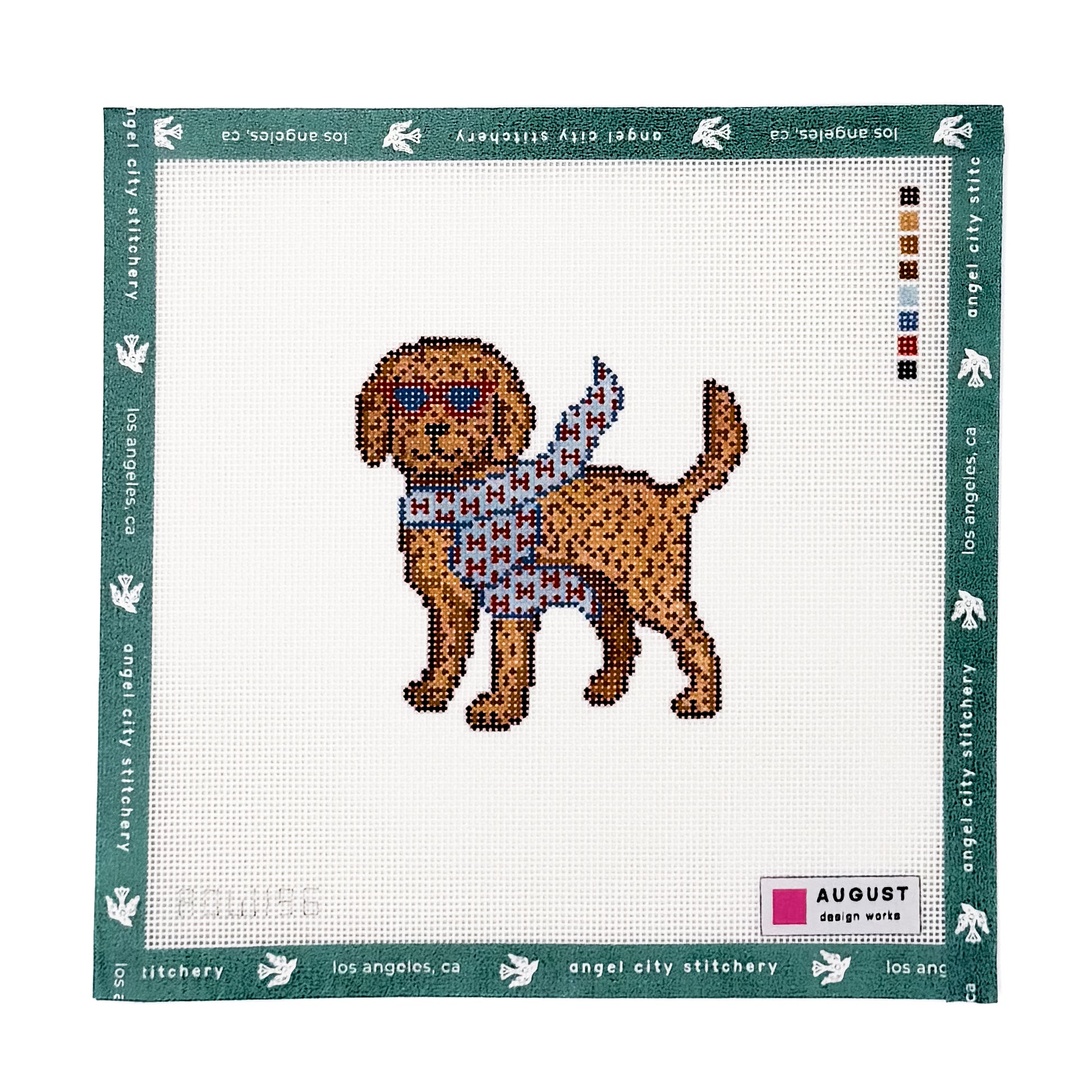 Golden retriever wearing red sunglasses and a light blue patterned scarf needlepoint canvas