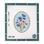 Blue and purple floral bouquet inside an oval gold frame needlepoint canvas