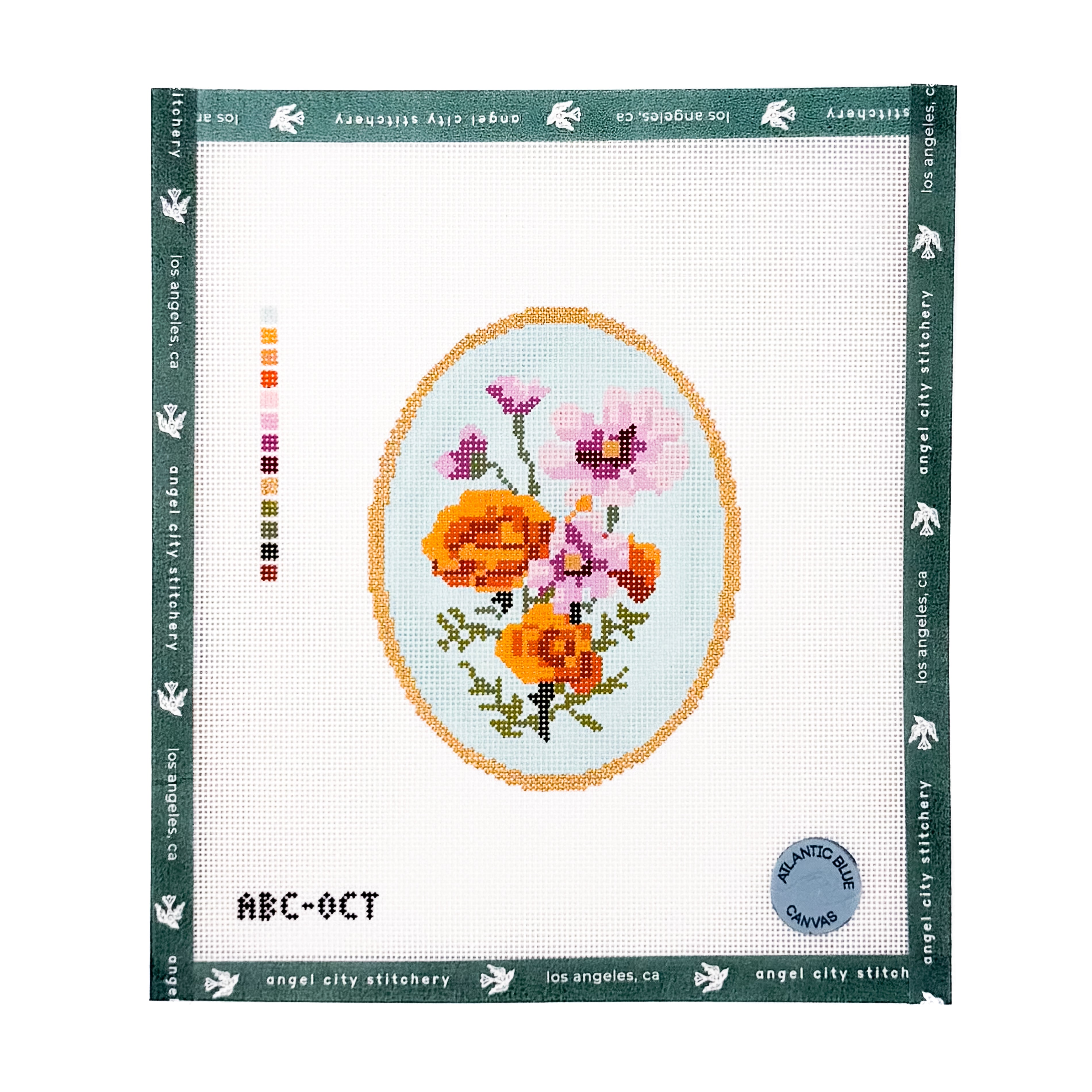 Floral bouquet inside an oval gold frame needlepoint canvas
