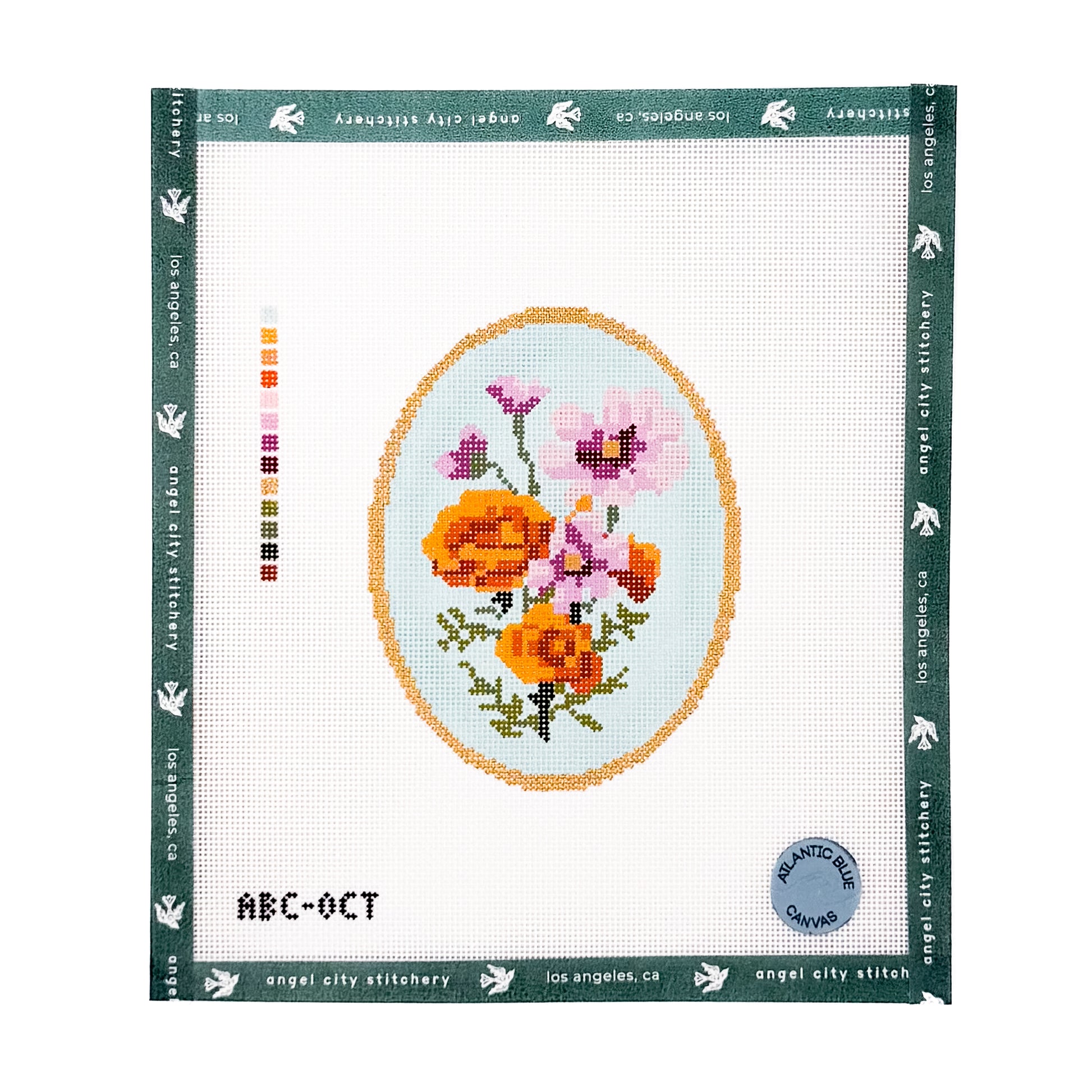 Floral bouquet inside an oval gold frame needlepoint canvas