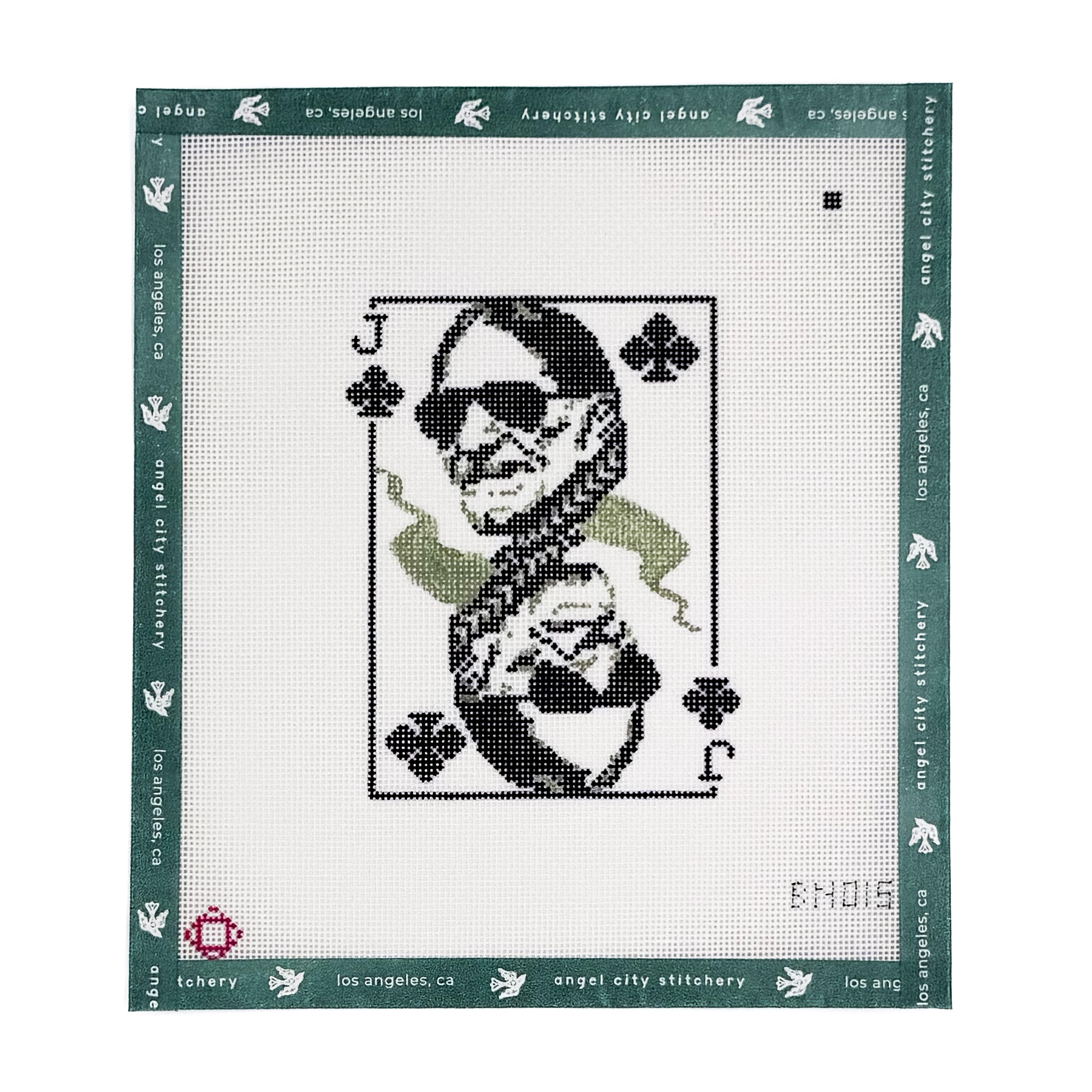 Jack of Clubs playing card with a figure wearing sunglasses and a bikini top needlepoint canvas