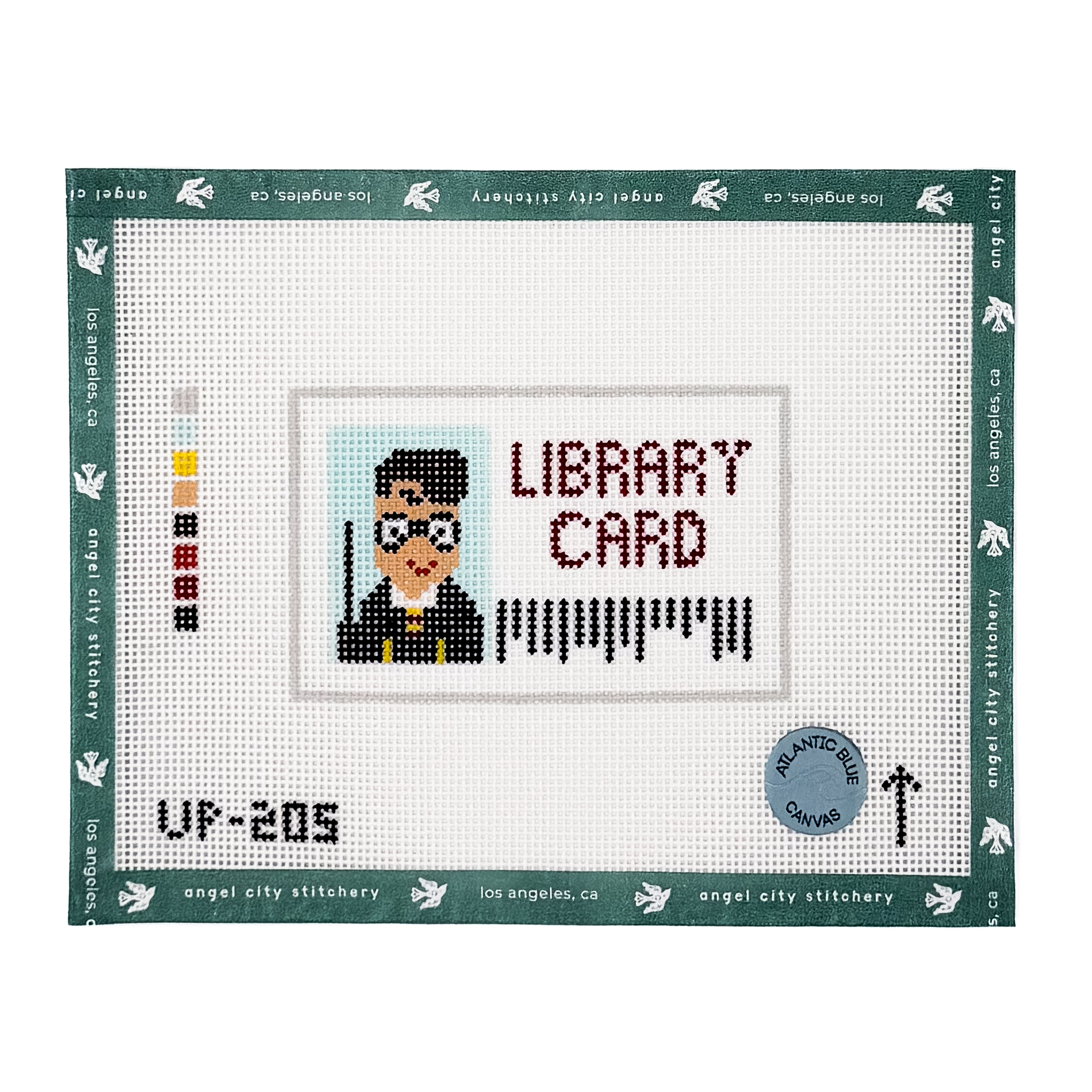 Harry Potter-inspired library card needlepoint canvas featuring a portrait of Harry with glasses, lightning scar, and wand, alongside the text 'LIBRARY CARD' and a barcode