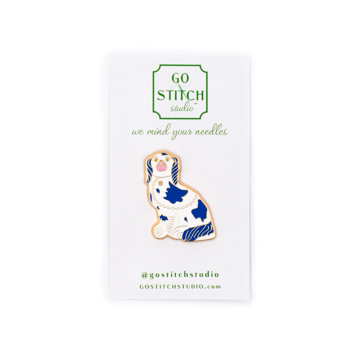Blue Staffordshire Dog Needle Minder by Go Stitch Studio — needlepoint accessory from Angel City Stitchery