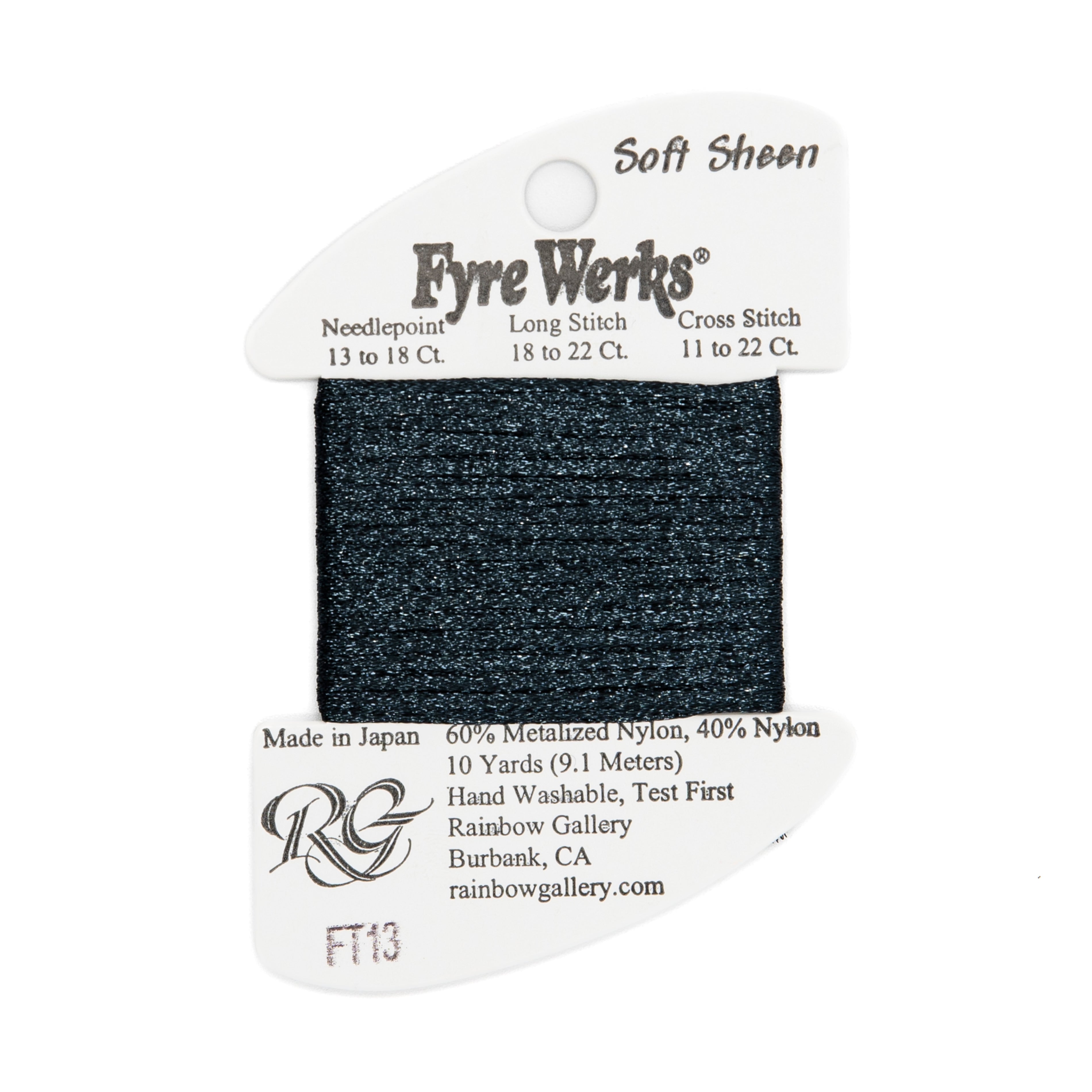 Fyre Werks Soft Sheen FT13 Charcoal — Rainbow Gallery thread for needlepoint, 13 and 18 mesh