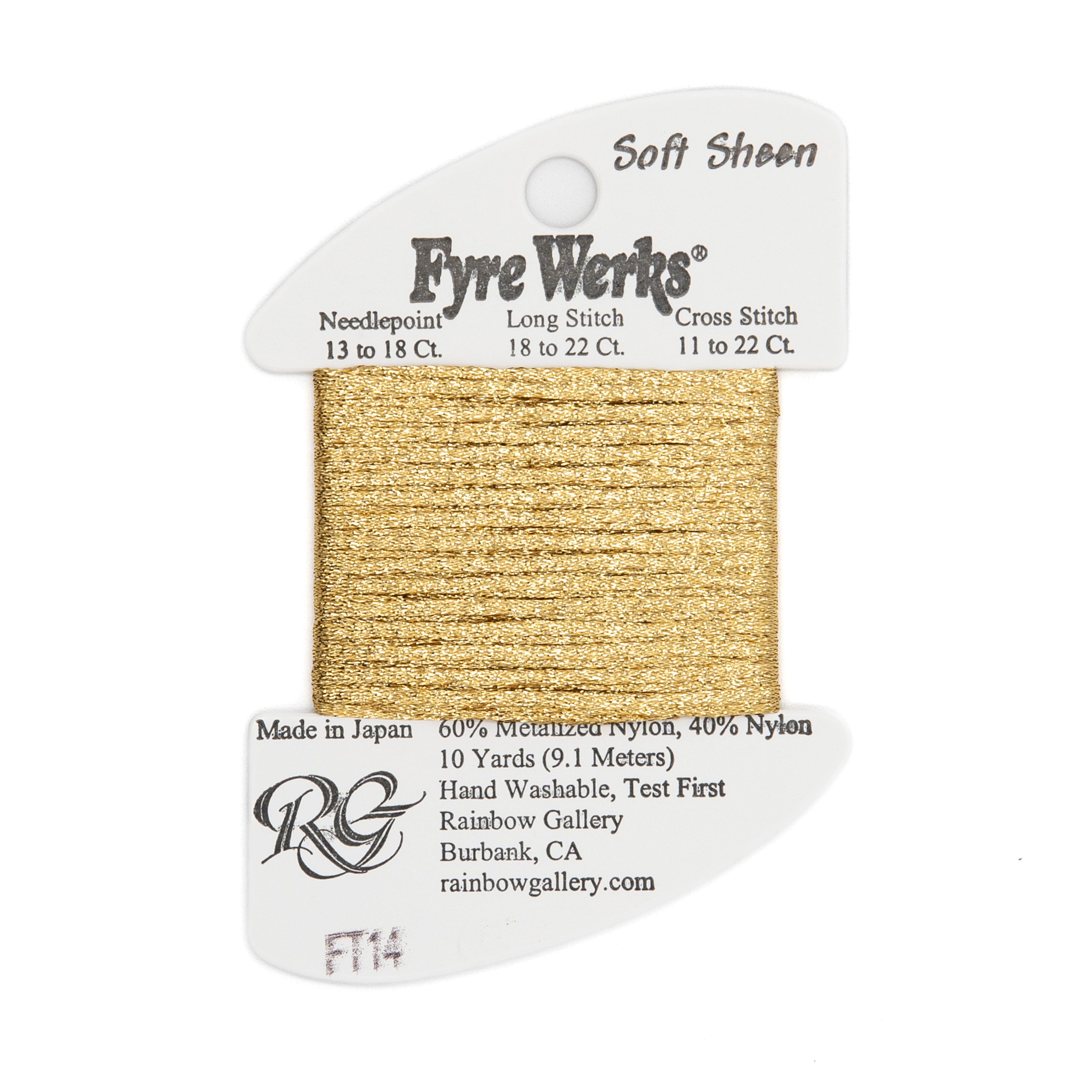Fyre Werks Soft Sheen FT14 Vatican Gold — Rainbow Gallery thread for needlepoint, 13 and 18 mesh