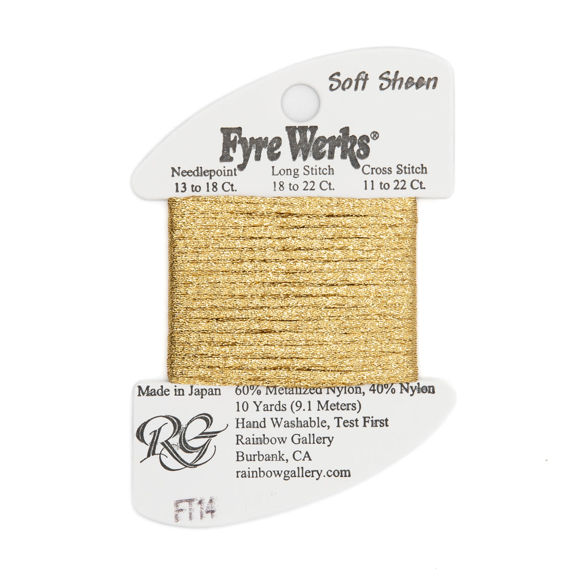 Fyre Werks Soft Sheen FT14 Vatican Gold — Rainbow Gallery thread for needlepoint, 13 and 18 mesh
