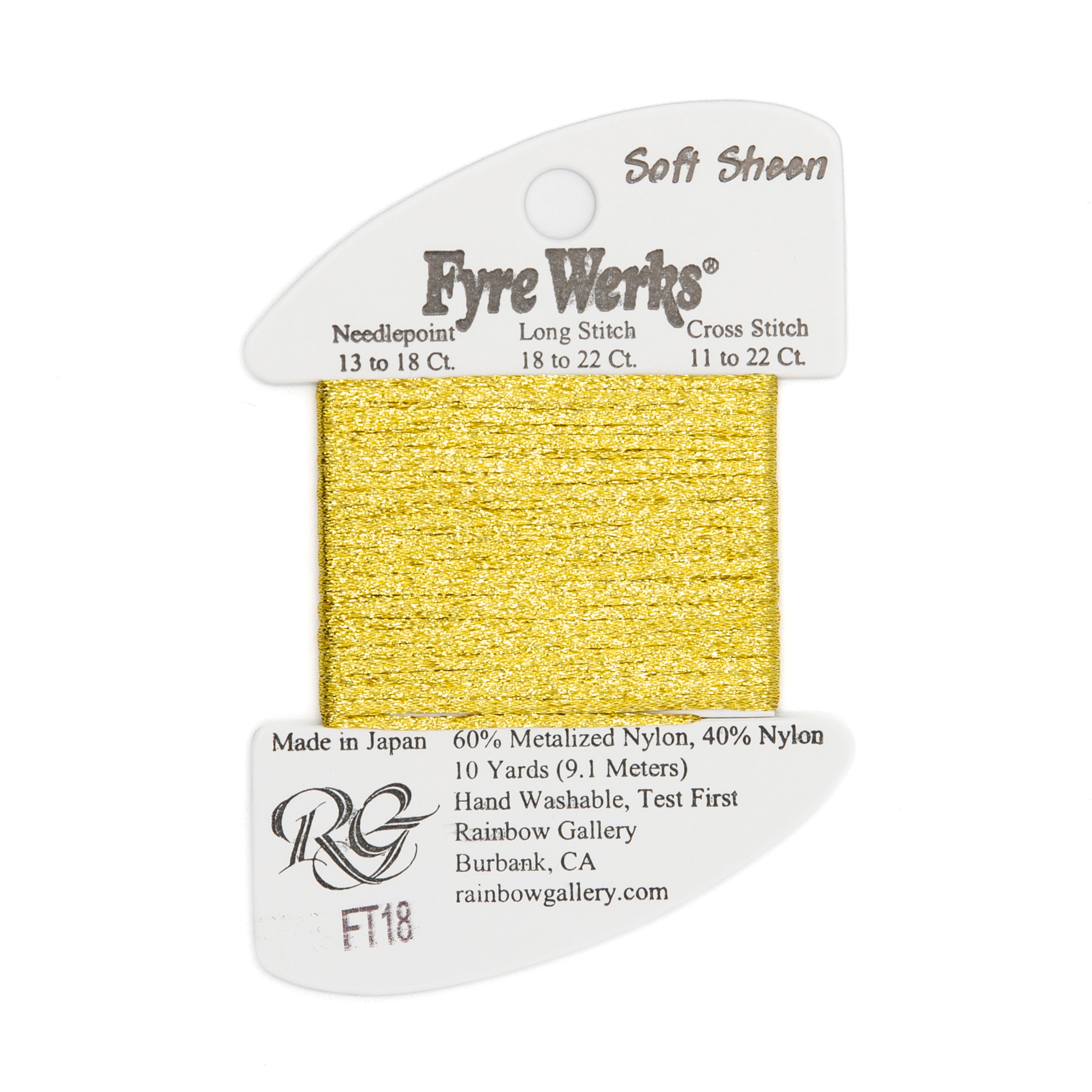 Fyre Werks Soft Sheen FT18 Yellow Gold — Rainbow Gallery thread for needlepoint, 13 and 18 mesh