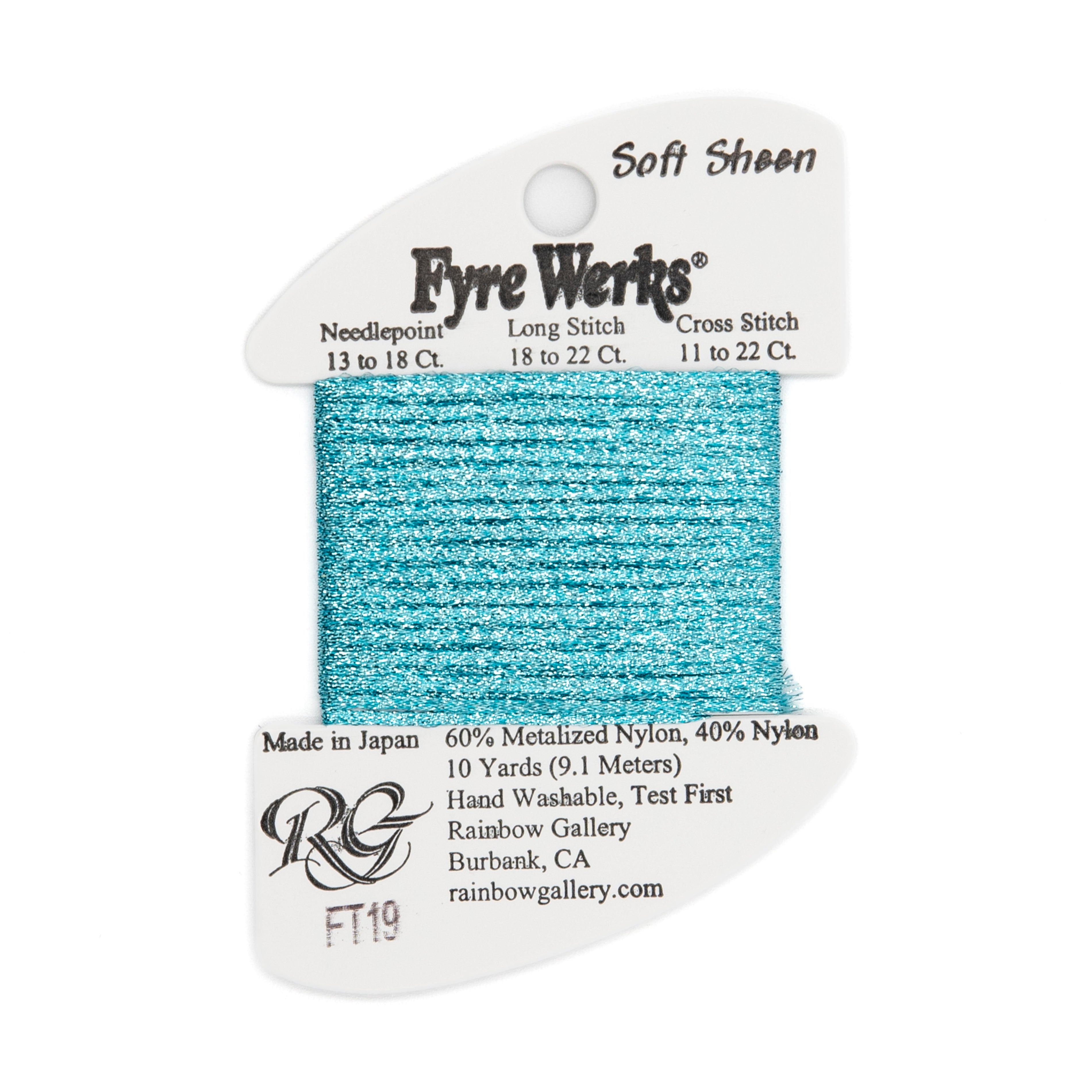 Fyre Werks Soft Sheen FT19 Aqua — Rainbow Gallery thread for needlepoint, 13 and 18 mesh