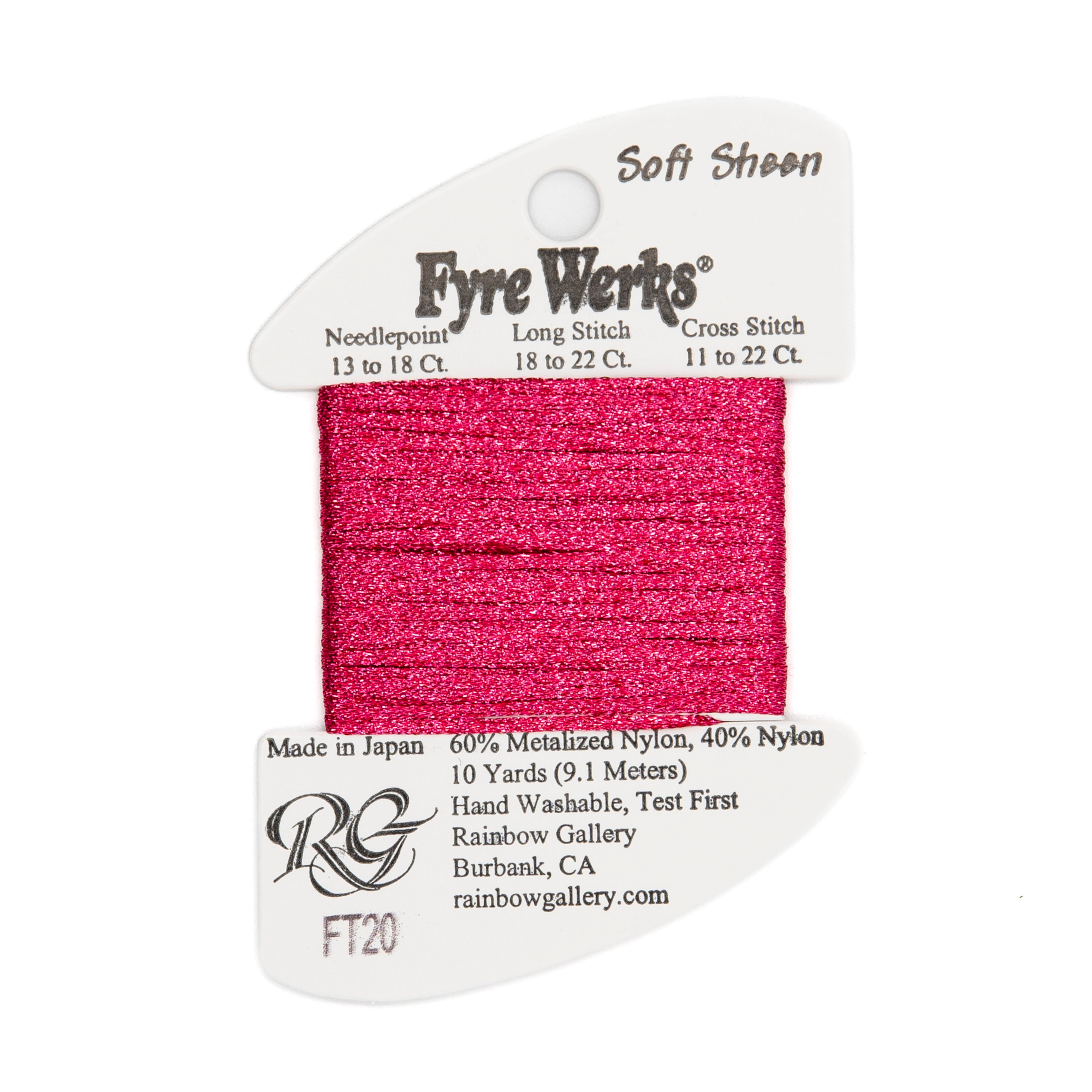 Fyre Werks Soft Sheen FT20 Raspberry — Rainbow Gallery thread for needlepoint, 13 and 18 mesh