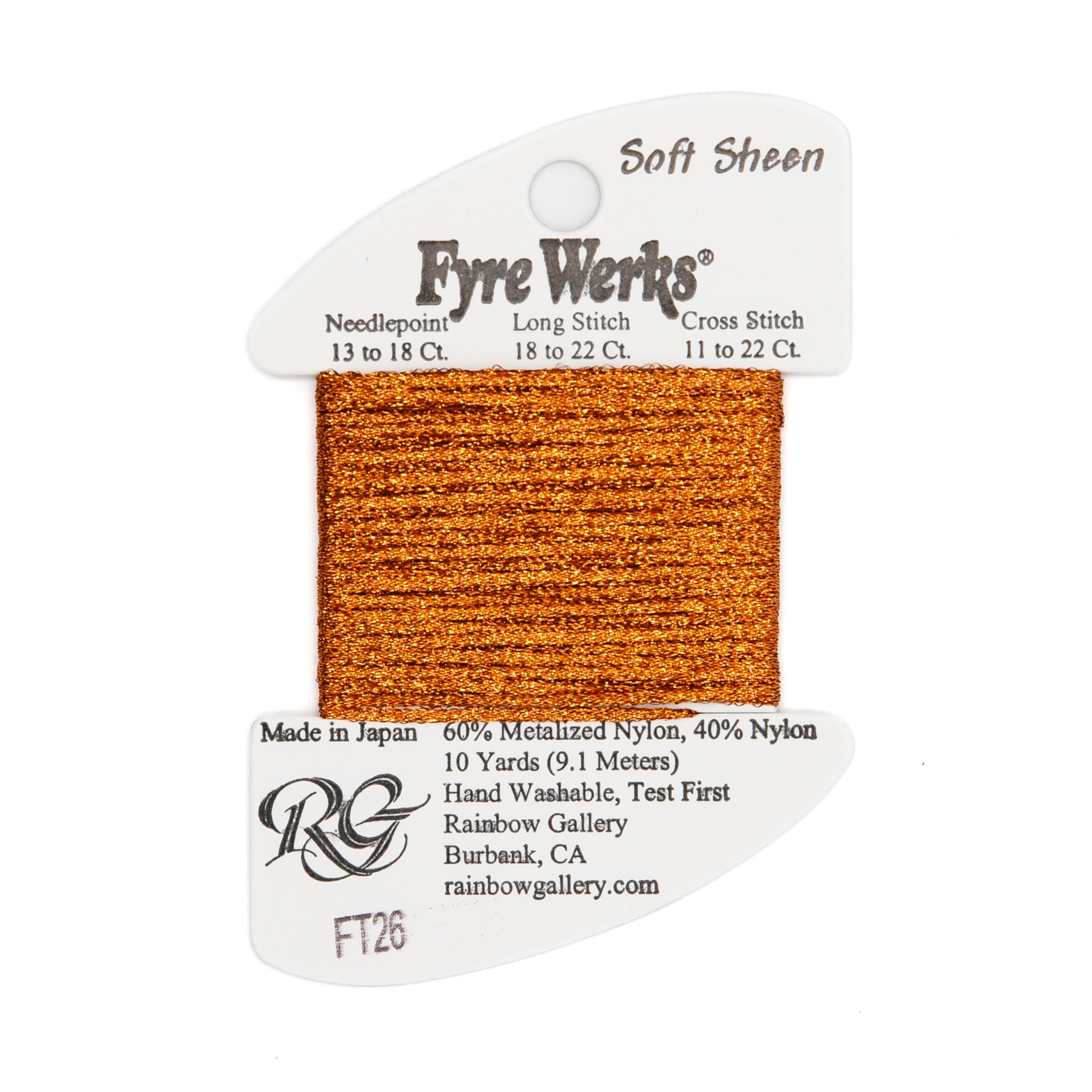 Fyre Werks Soft Sheen FT26 Bronze — Rainbow Gallery thread for needlepoint, 13 and 18 mesh