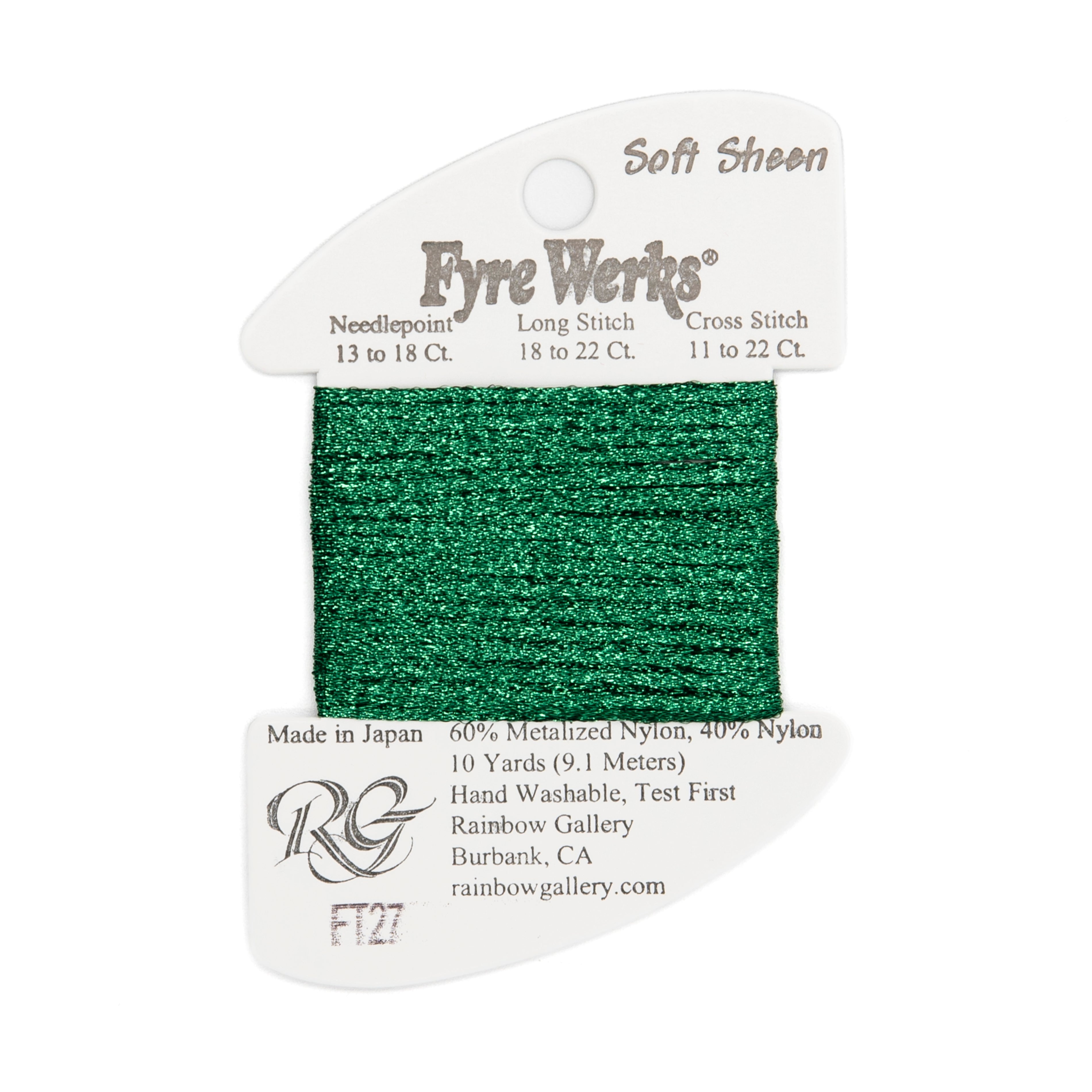 Fyre Werks Soft Sheen FT27 Tree Green — Rainbow Gallery thread for needlepoint, 13 and 18 mesh