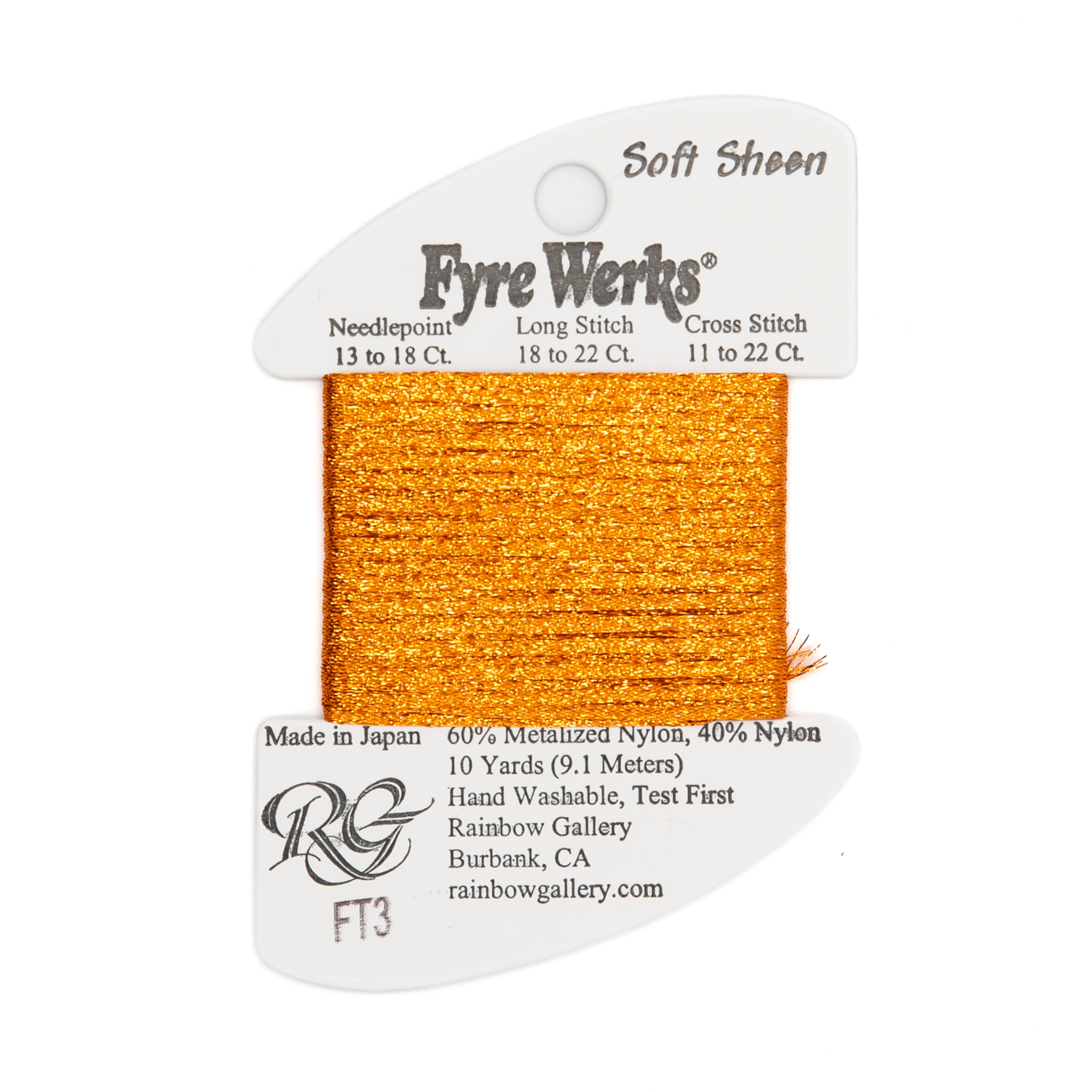 Fyre Werks Soft Sheen FT3 Pumpkin — Rainbow Gallery thread for needlepoint, 13 and 18 mesh