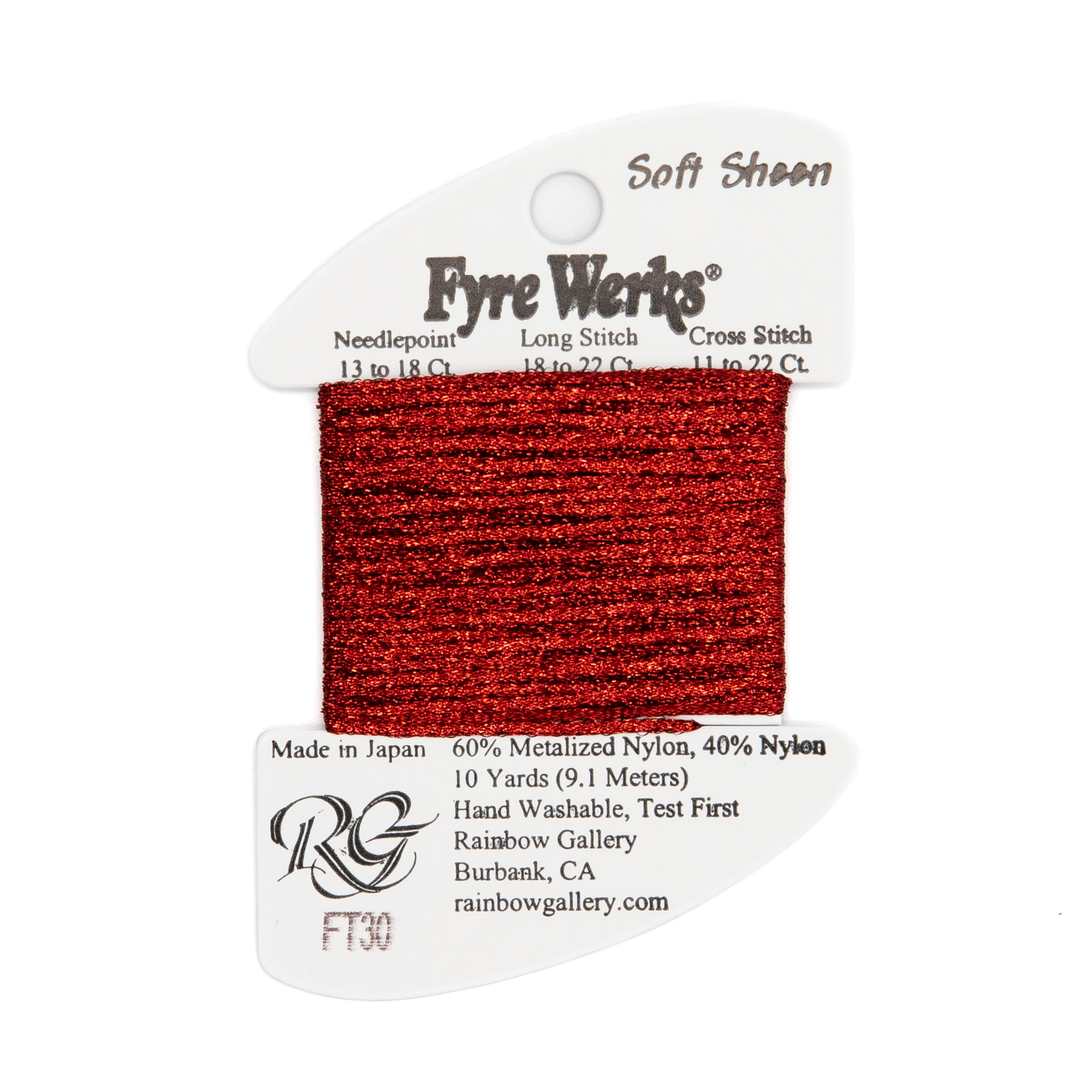 Fyre Werks Soft Sheen FT30 Red — Rainbow Gallery thread for needlepoint, 13 and 18 mesh