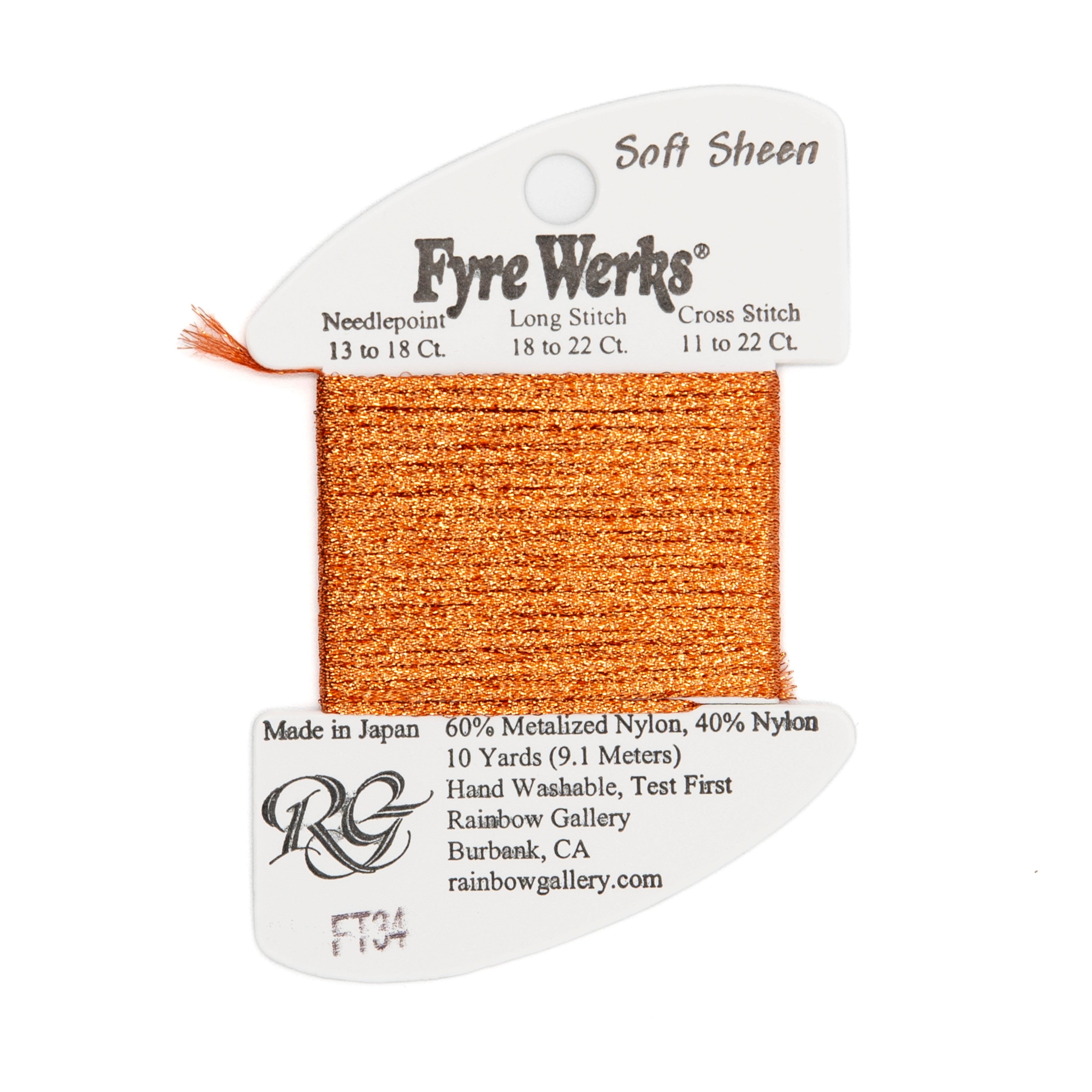 Fyre Werks Soft Sheen FT34 Red Orange — Rainbow Gallery thread for needlepoint, 13 and 18 mesh