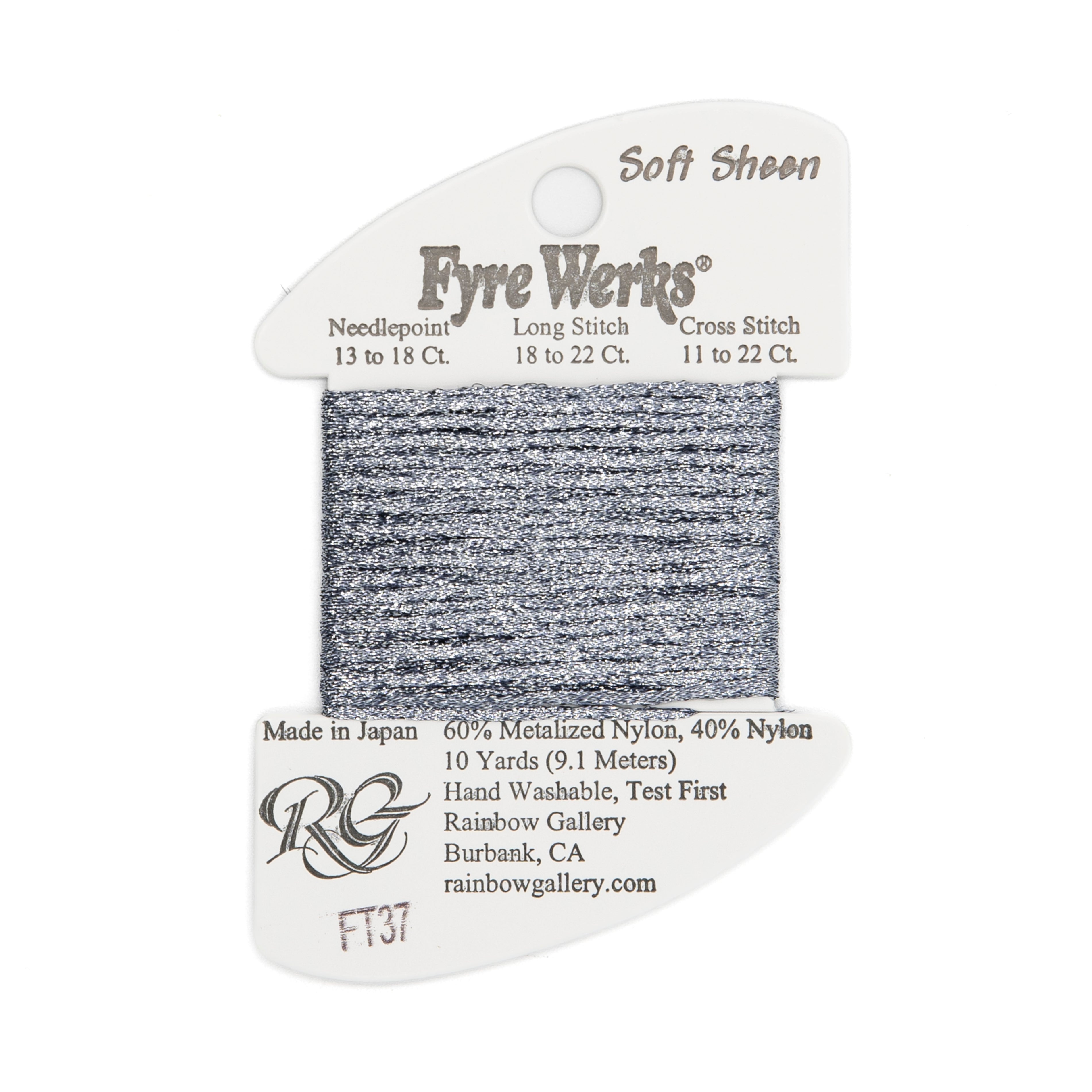 Fyre Werks Soft Sheen FT37 Rain Gray — Rainbow Gallery thread for needlepoint, 13 and 18 mesh