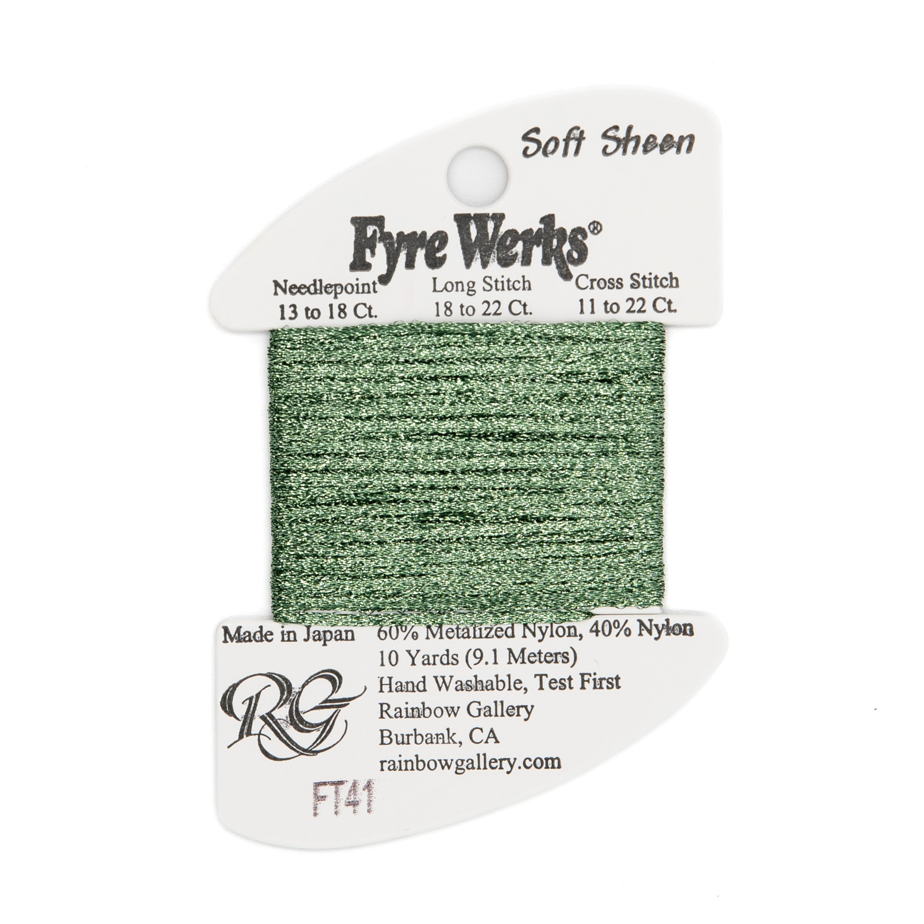 Fyre Werks Soft Sheen FT41 Pistachio — Rainbow Gallery thread for needlepoint, 13 and 18 mesh